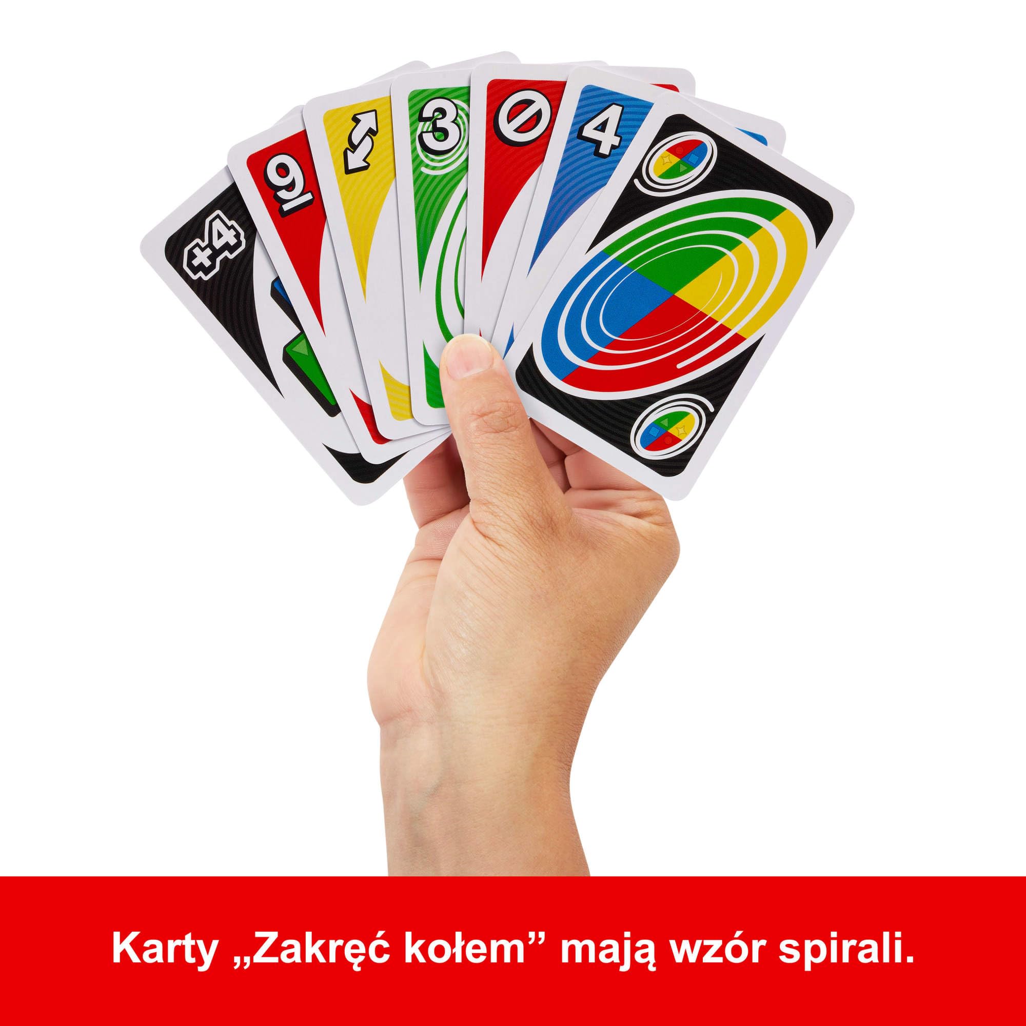 Mattel Karty UNO Spin Towarzyska, imprezowa i rodzinna gra karciana, klasyczna rozgrywka + koło UNO Spin™, nowe wyzwania i reguły, gra dla dzieci 7+ i dorosłych, JGR00 | Klasyczna zabawa z losowym spinnerem, wyzwania i specjalne zasady dla dzieci, nastola