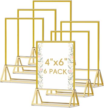 4"x6" Acrylic Sign Holder with Gold Frame Double Sided Vertical Display Stand Transparent Table Top Sign Holder Menu Pamphlet Picture Paper Table Number Stand for Wedding Party Restaurant Pack