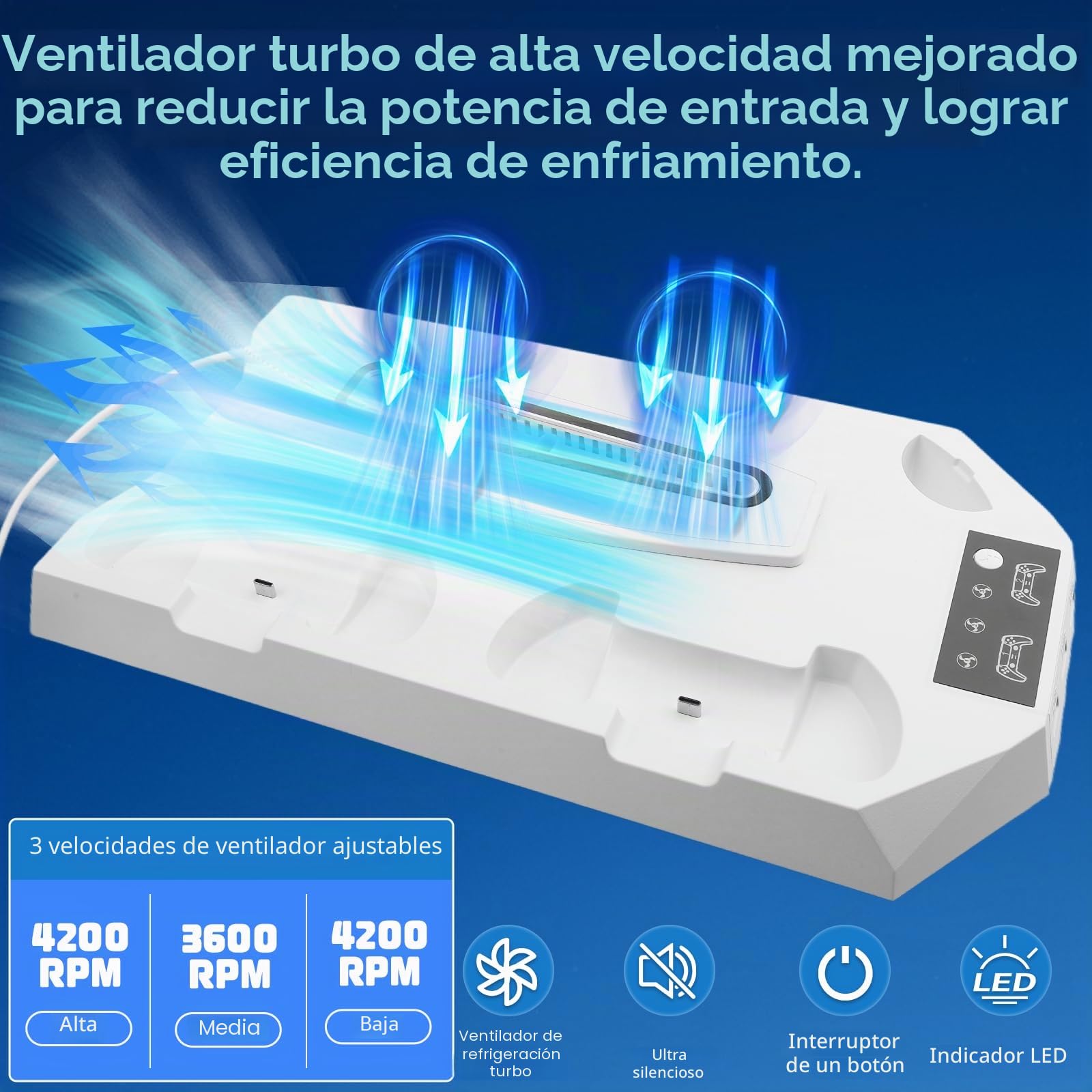 Soporte para PS5/PS5 Slim/PS5 Pro con ventilador de 3 niveles y 3 puertos USB adicionales, soporte PS5, estación de carga integrada para controlador PS5 con indicador LED y soporte para auriculares
