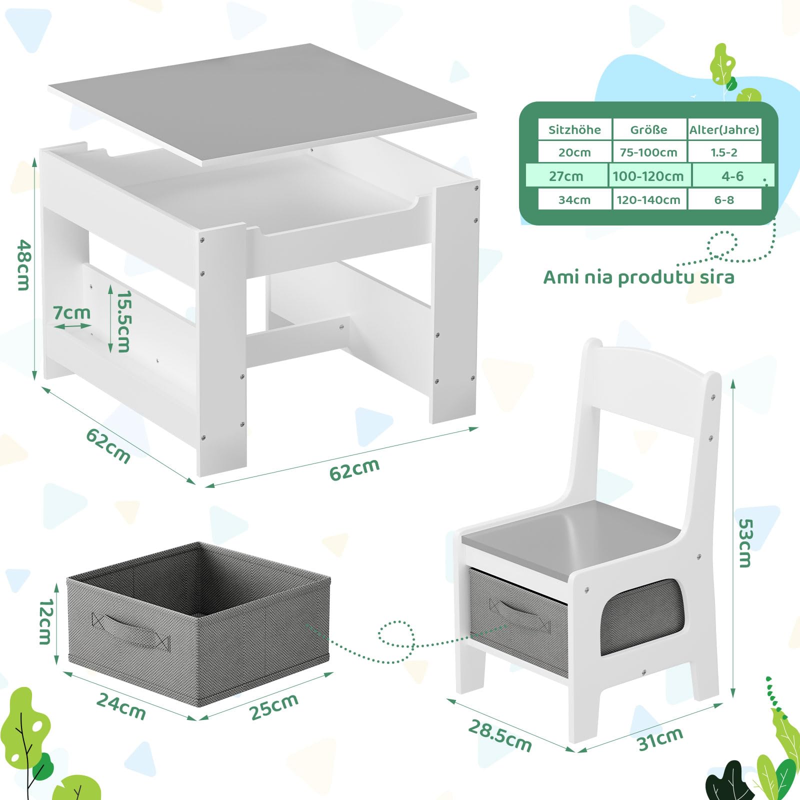 MAMIZO Table pour Enfant avec 2 Chaises, 3 en 1 Ensemble de Table et Chaises, Mobilier Enfant en Bois avec rangements et étagères, avec Plateu Réversible, 3-7 Ans, Salle des Enfants, Gris