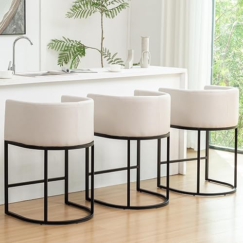 Riknuxi Counter Height Bar Stools Set of 3, Modern Bar Stool with Back, Barrel Bar Chairs with Metal Frames, Upholstered Barstools for Kitchen Island, Pub, Club (Beige)