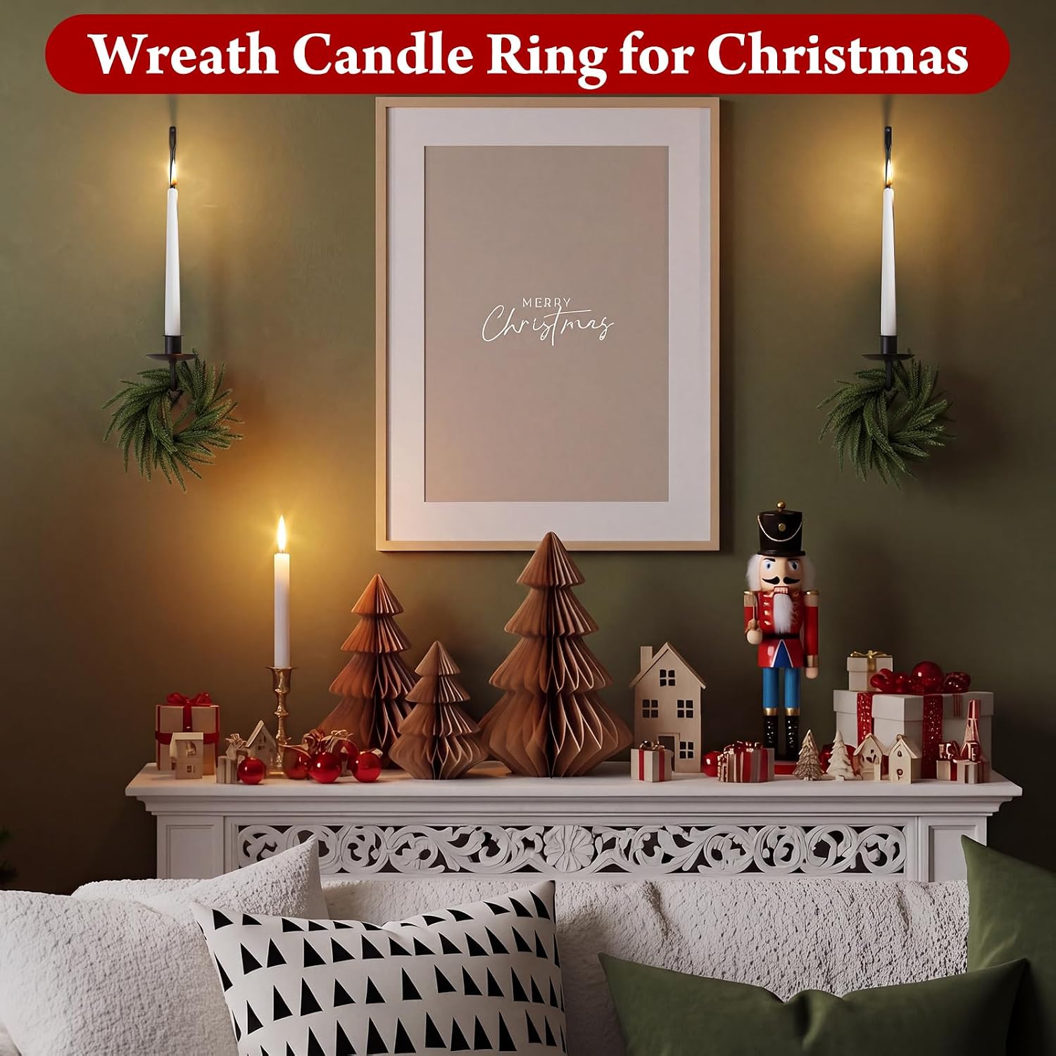 Yerliker 2 Set Christmas Sconce Candle Holder with Faux Norfolk Pine Wreath