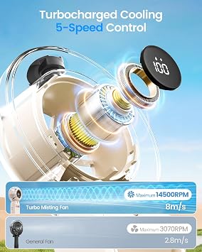TriPole Misting Fan Portable Turbo Hand Held Fan with Water Mist, LED Display, 4000mAh Recahrgeable Battery, Neck & Desk Use, Personal Mini Handheld Mister Spray Bottle Fans for Outdoor Camping, Beige