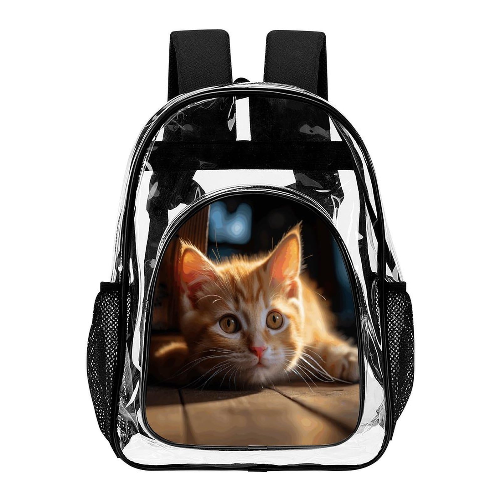 Piccolo zaino trasparente con gatto arancione, grande, in PVC trasparente, per sicurezza, lavoro, viaggi, stadio
