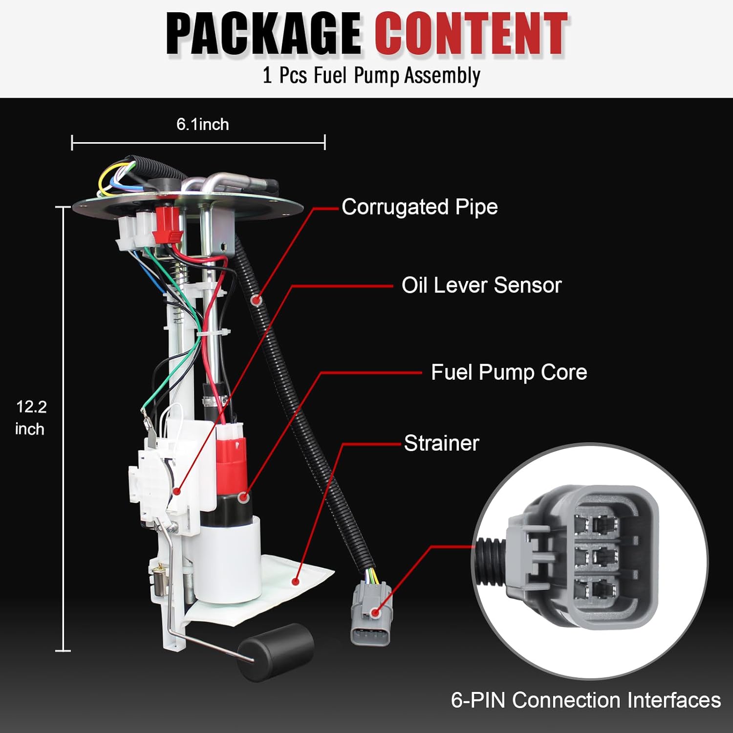 17040-8B000 Fuel Pump Assembly Compatible with Nissan Truck Car D21 2.4L 1992 1993 1994, Pickup 2.4L 1995 1996 1997, Tsuru 1.6L 1997-2007, Replace OE# 170408B000 170403B000, 6 PIN