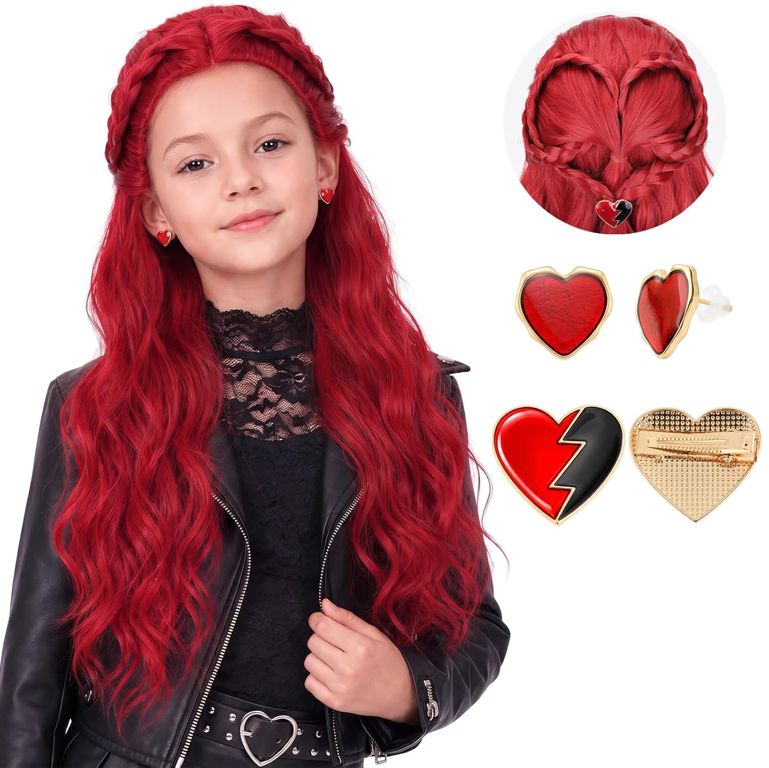 Kids Girls Long Pink Cosplay Wig with Bow & Earrings for Princess Costume