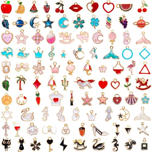 CENRONG Alloy Assorted Enamel Charms, 100 PCS Bow-Knot Cat High Heels Handbag Lovely Pattern Charms for Women Girls DIY Jewelry Crafting Making