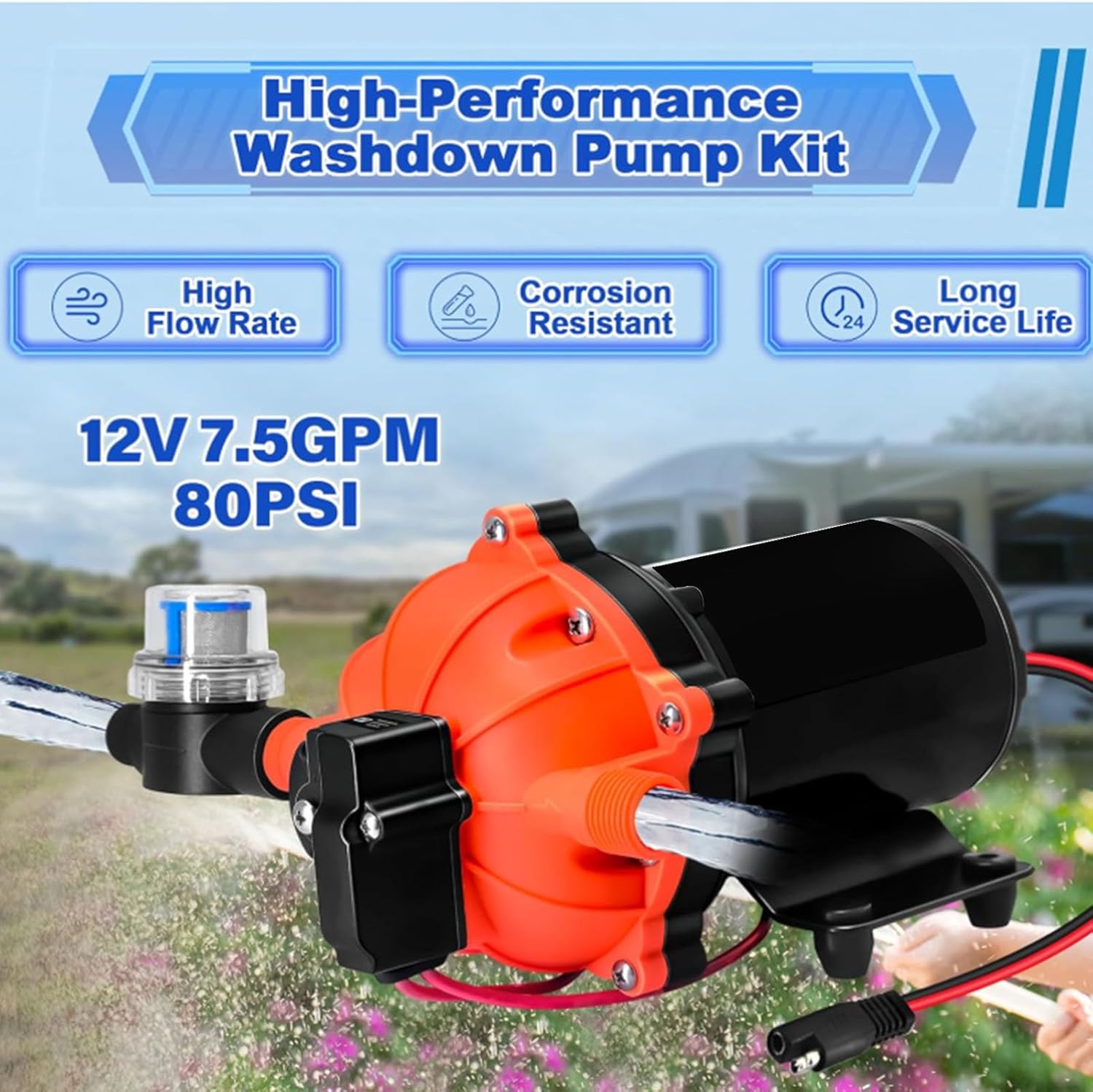 Focket Washdown Pump Kit, 7.5 GPM 80PSI High Flow Washdown Deck Wash Pump Kit, Metal Marine with Filter, for RV Marine Boat Yacht Freshwater off Grid Saltwater