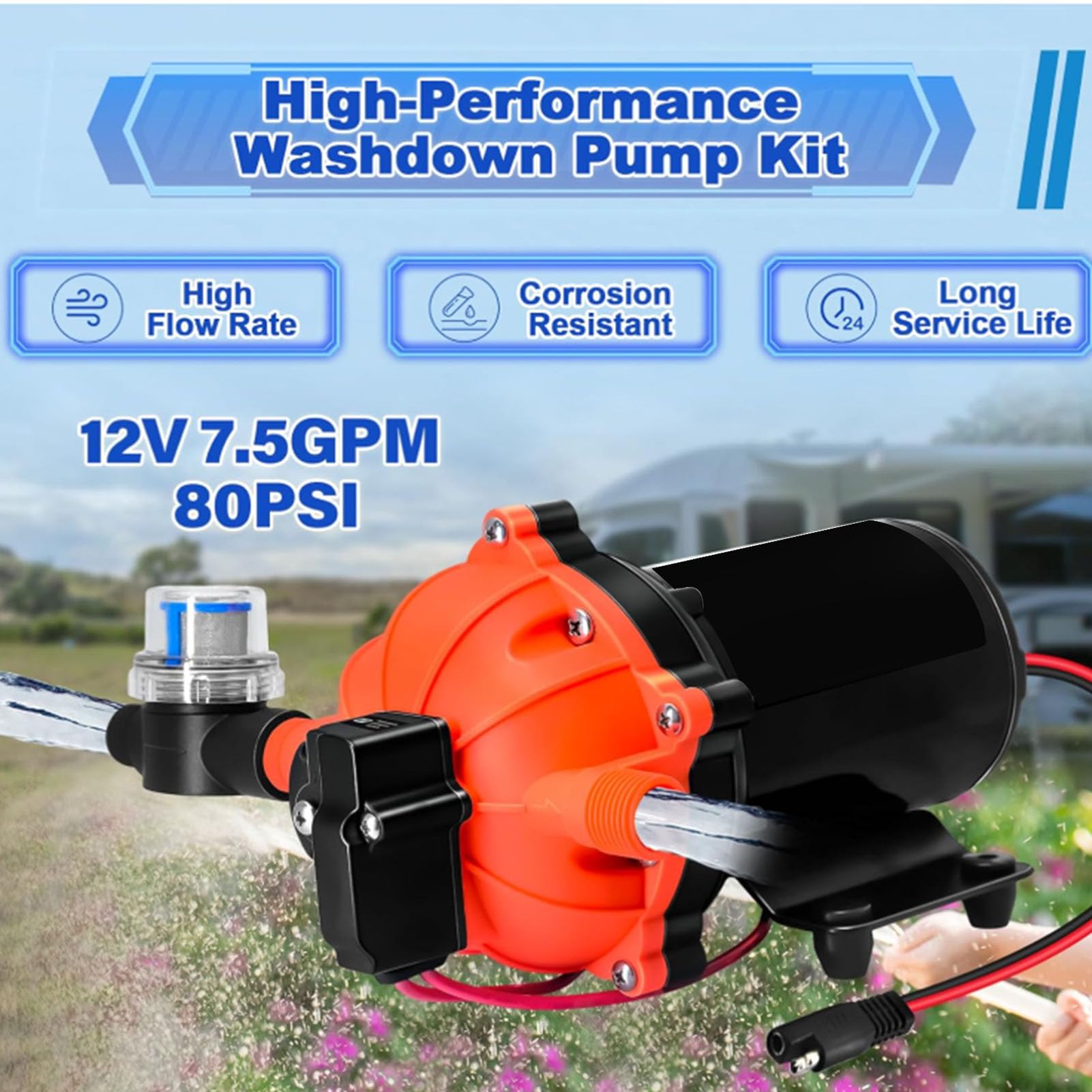 KIMISS Kit de Bomba de Lavado de Cubierta 7,5 GPM 80 PSI Filtro Incorporado Bomba de Lavado de Barcos para Remolques de Viaje RV Uso en Agua Dulce y Salada de Agua Marina de 12 V