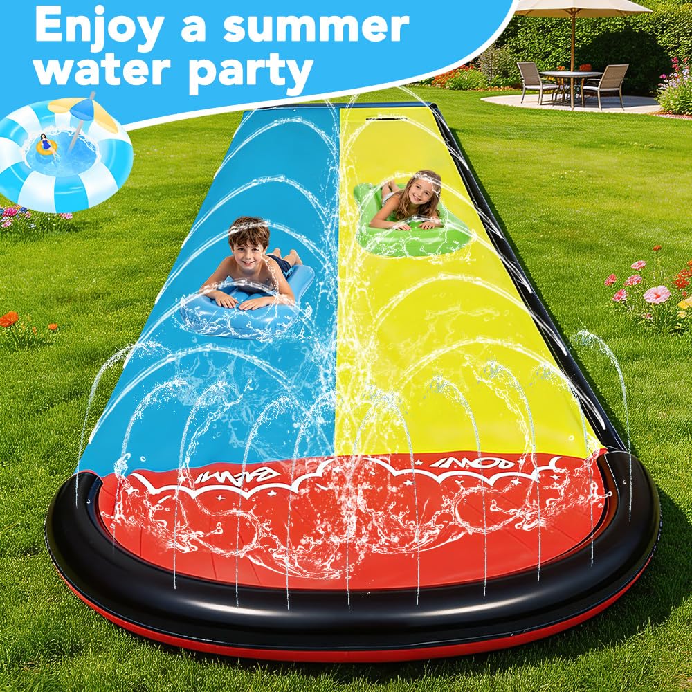 Foreverup 610CM Aufblasbare Wasserrutsche Garten für Kinder mit 2 Bodyboards Doppelrutsche