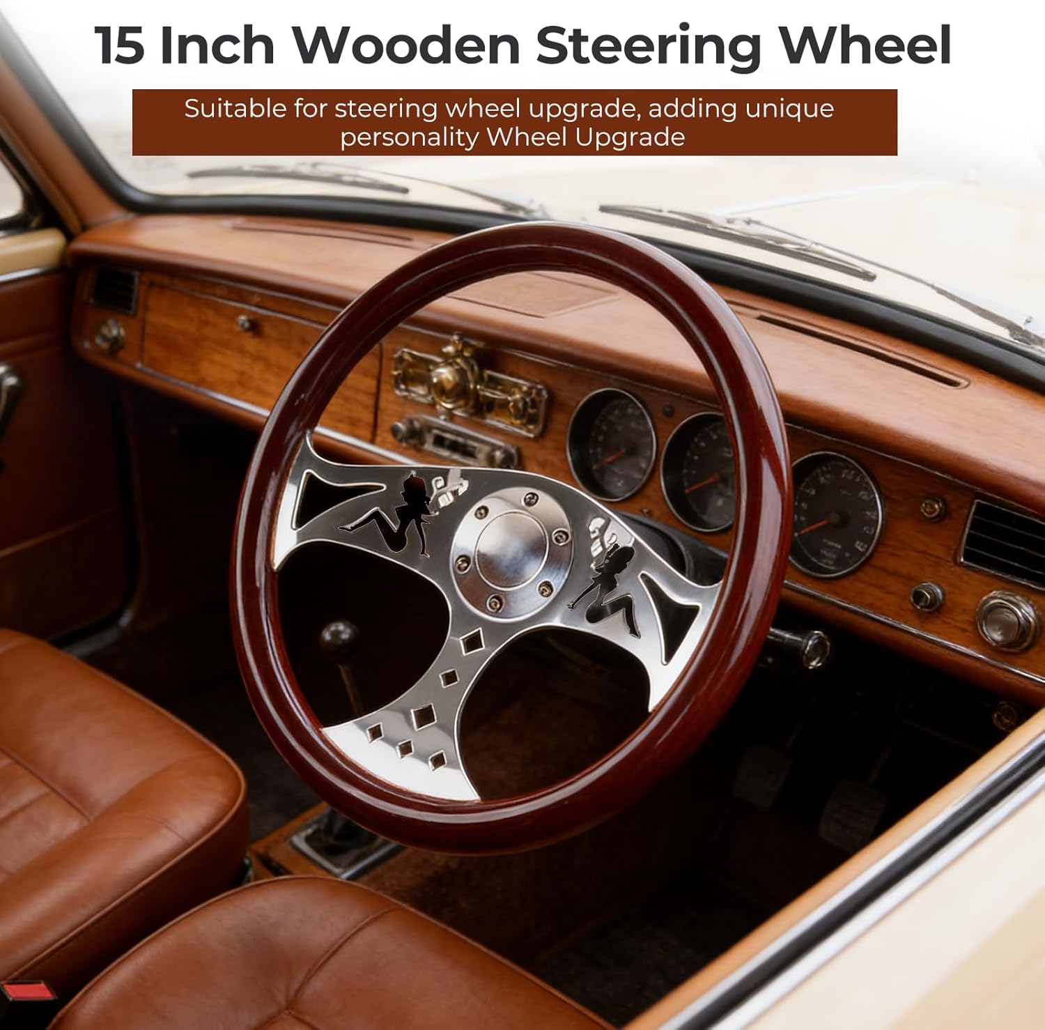 380MM 15" Wooden Steering Wheel with Horn Button Kit- Classic Wood Grain Steering Wheel