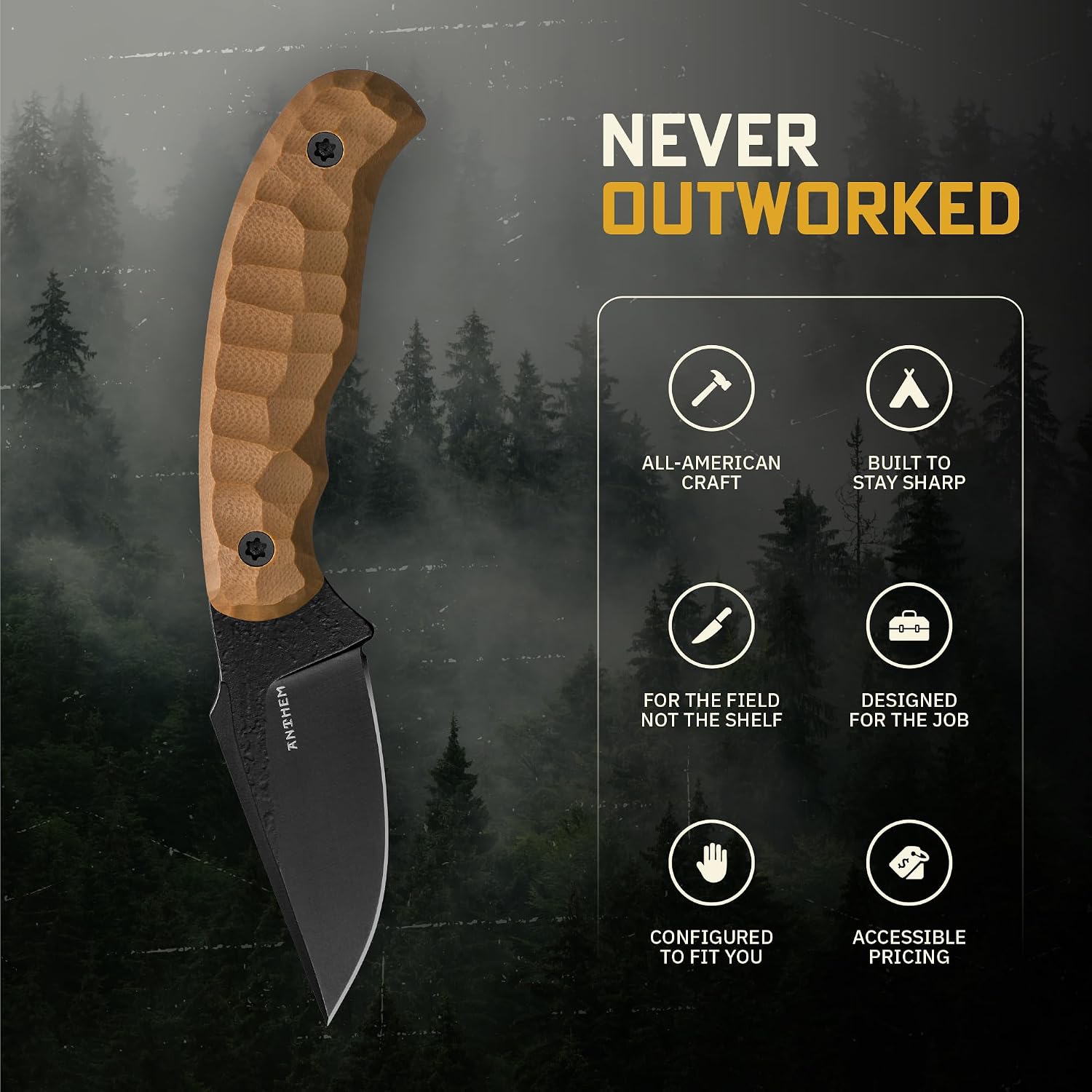 Anthem Knives The Outpost: Fixed Blade Knife, 52100 Steel Harpoon Clip Point, EDC Hunting Knife with Kydex Sheath for Camping, Outdoor, Everyday Carry – Made in USA [Tan/Black]