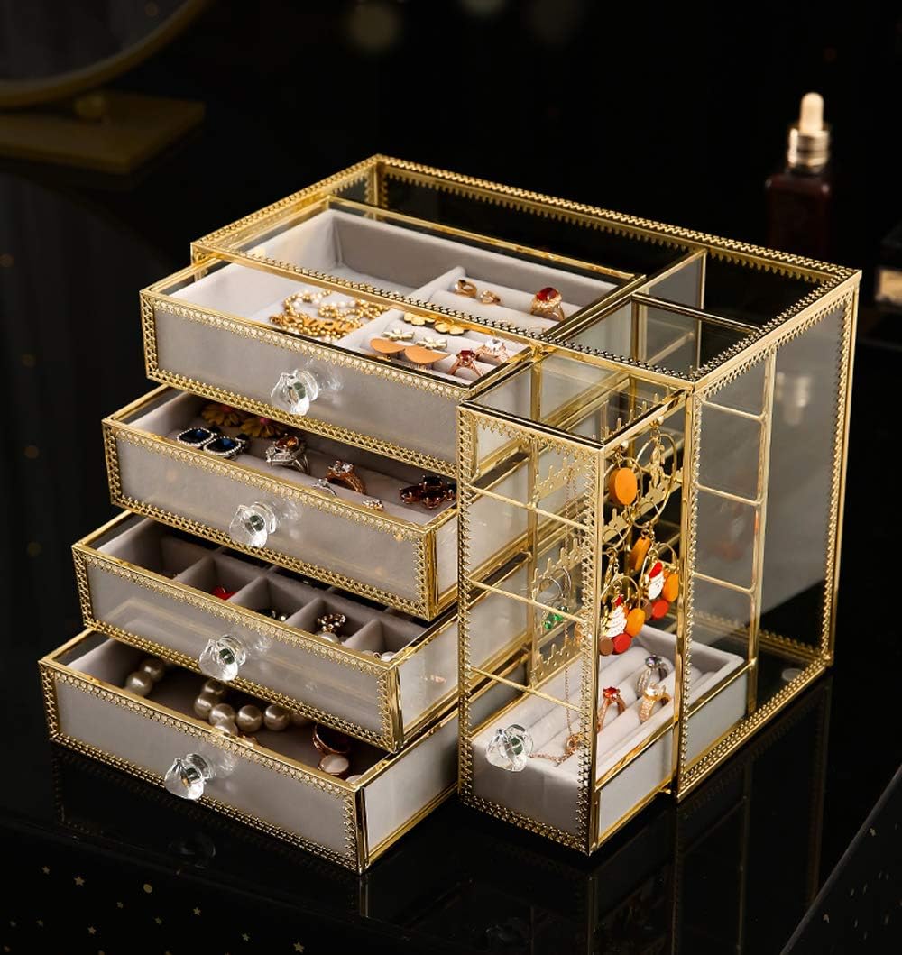 🔥 Cashback up to 70% MOOCHI Golden Brass Vintage Glass 4 Drawers Jewelry Box with Earrings Hanging Stand Costmetic Organizer Case for Necklace Ring Bracelet Watch