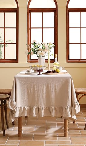 Miniatura 8 de Mantel rectangular de diseño vintage con volantes, mantel de lino de algodón con diseño francés beige, estilo desgastado y elegante, para cocina,