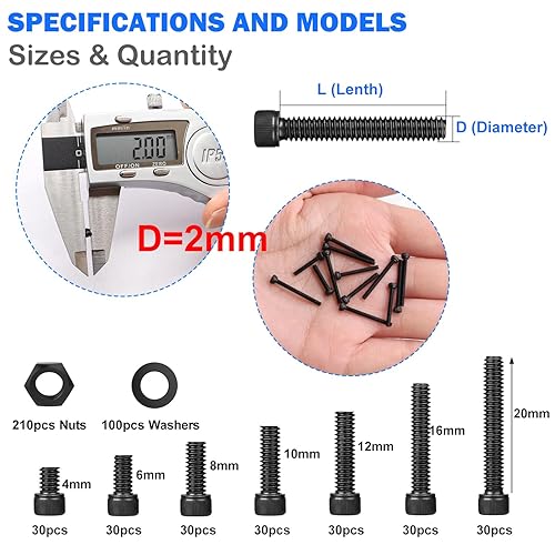 Miniatura 2 de mxuteuk Surtido de tornillos M2, tornillos de cabeza hexagonal M2 x 4681012160.787 in, 520 piezas de acero de aleación de grado 12.9 tornillos