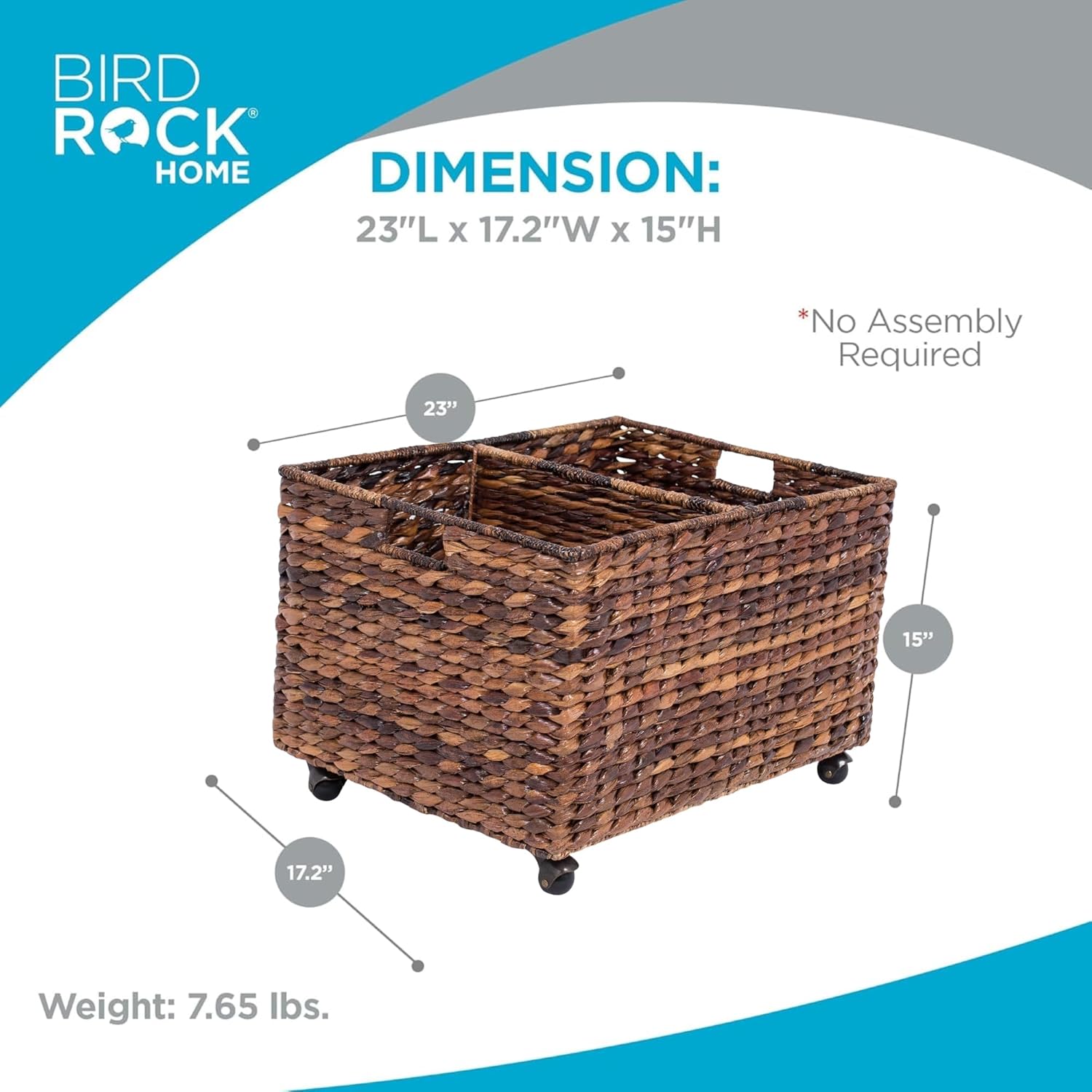 BIRDROCK HOME Abaca Rolling Storage Recycling Bin - Divided Decorative Cart - Kitchen - Paper Cans Glass Plastic Sorter - Magazines Blanket Storage