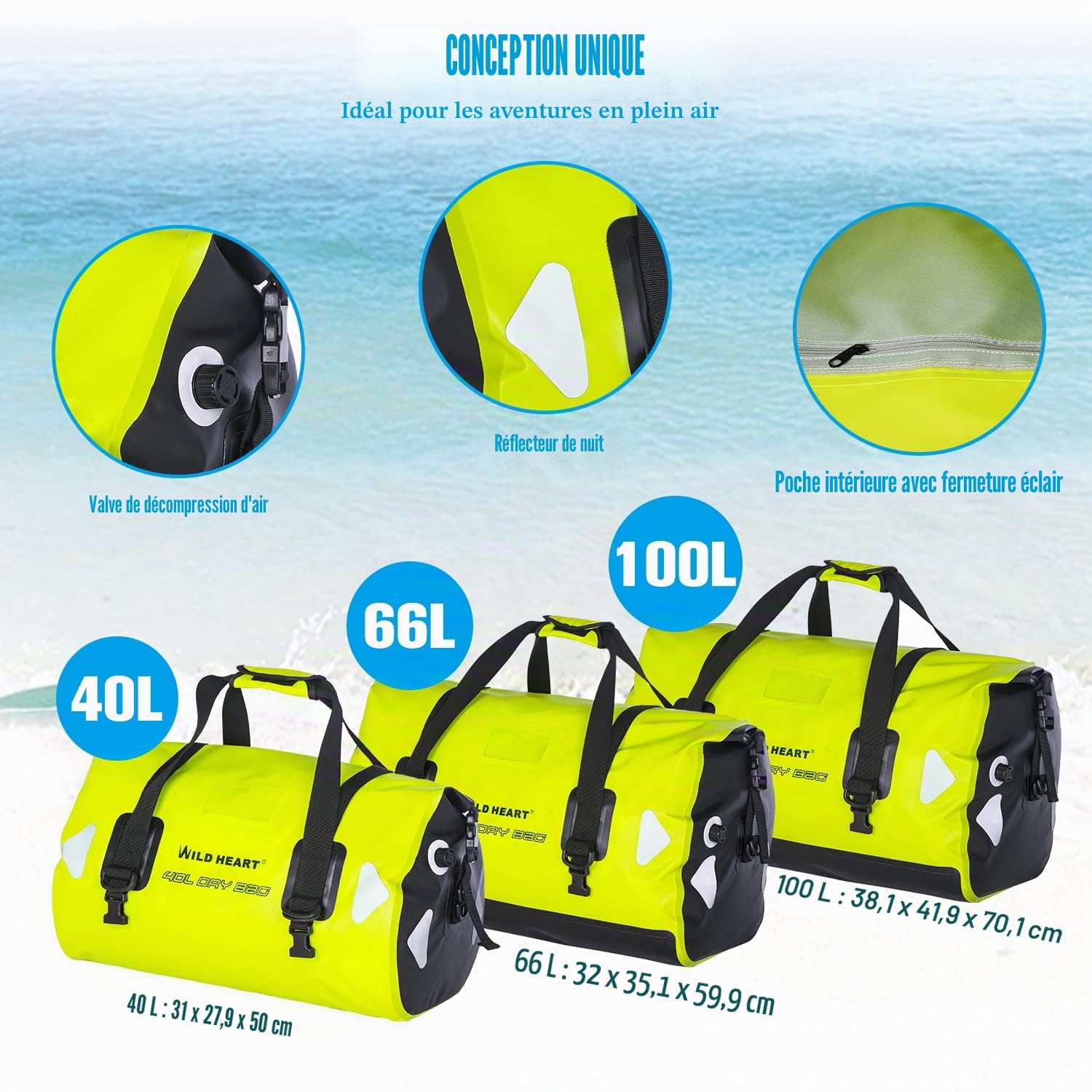 Wild Heart Sac de Voyage étanche PVC500D avec Sangle et Poche intérieure 40L 66L 100L ASIN : B08C4MFGQX