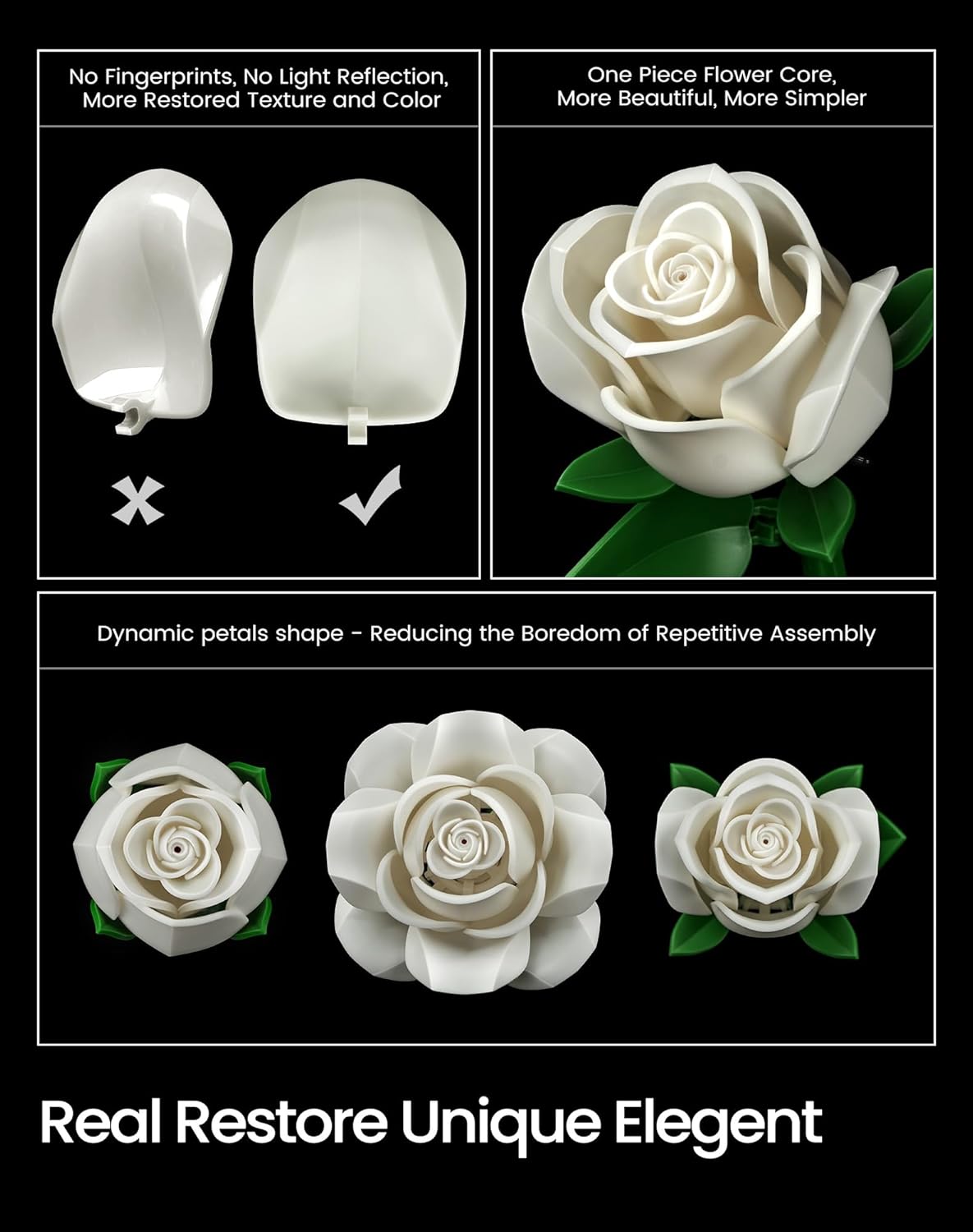 iATOM White Rose Bouquet Building Set, 12Pcs Wedding Flower Botanical Collection for Adult, Valentine's Day Gift for Her/Girlfriend/Mom/Wife/Couple, Boho Modern Home Office Table Centerpiece Decor - Image 3