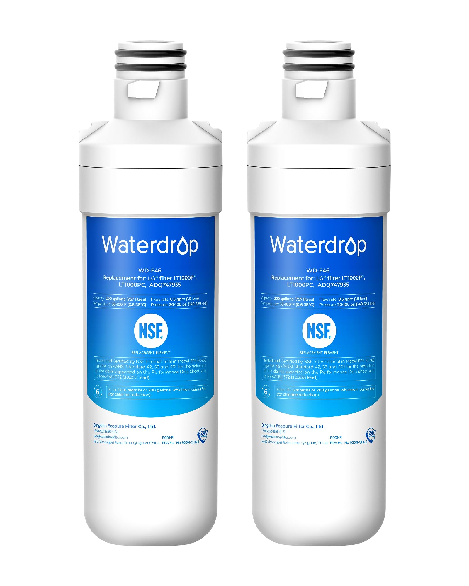 Waterdrop WD-F46 Filtre à eau pour réfrigérateur, compatible avec LG® LT1000P®, ADQ74793501, ADQ74793502, 46-9980, 9980, adapté à des modèles tels que LFXC24796S, LSFXC2496D, certifié NSF, 2 pièce
