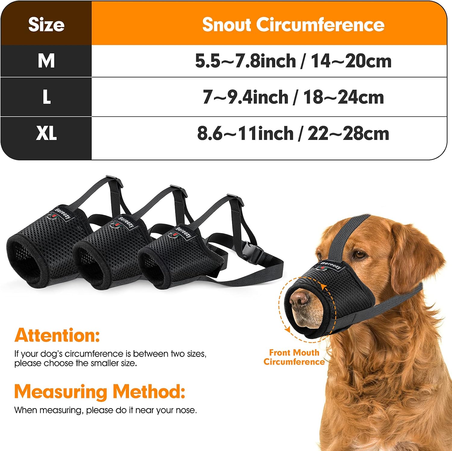 Bereezy Dog Muzzle, Mesh Breathable Dog Muzzles for Biting Barking and Chewing, Adjustable Pets Muzzle for Small Medium Large Extra Dogs with Velcro and Buckle, Black, Large (Pack of 1)