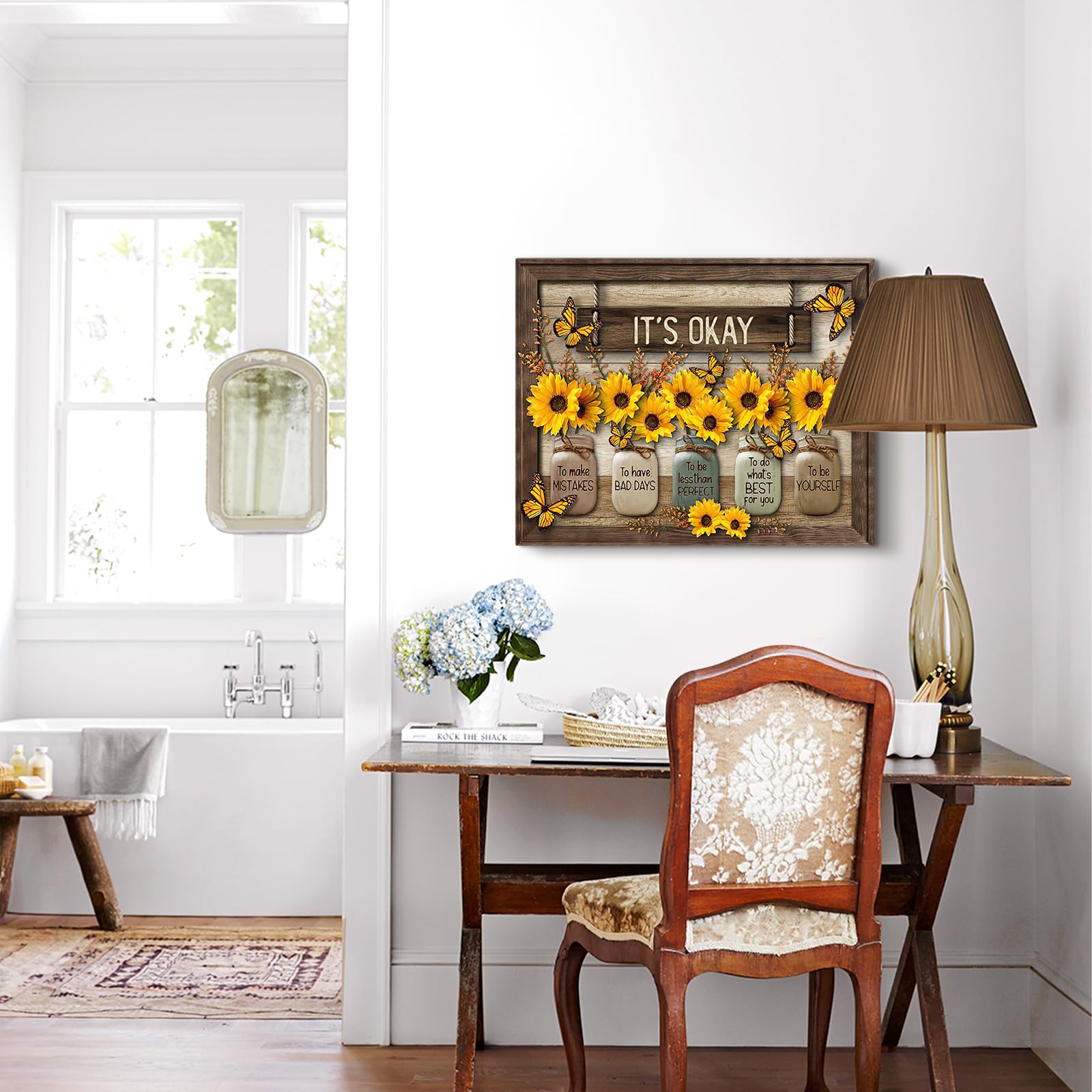 Sonnenblumen-Wandbild „It's Okay“ – Leinwanddruck Mit Inspirierendem Spruch, Fertig Zum Aufhängen