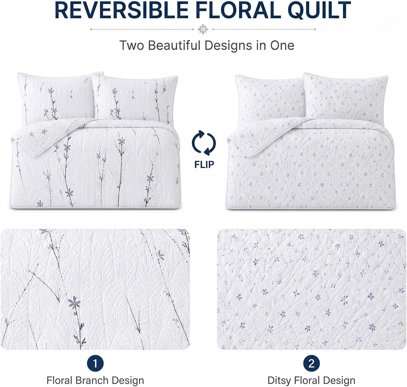 BOV Floral Quilt Set Twin Size 68x86, 100% Cotton Lightweight Summer Bedspread with 1 Pillow Sham (20x26), Soft Breathable Thin Quilt, Botanical Bedding for Guest Room Decor