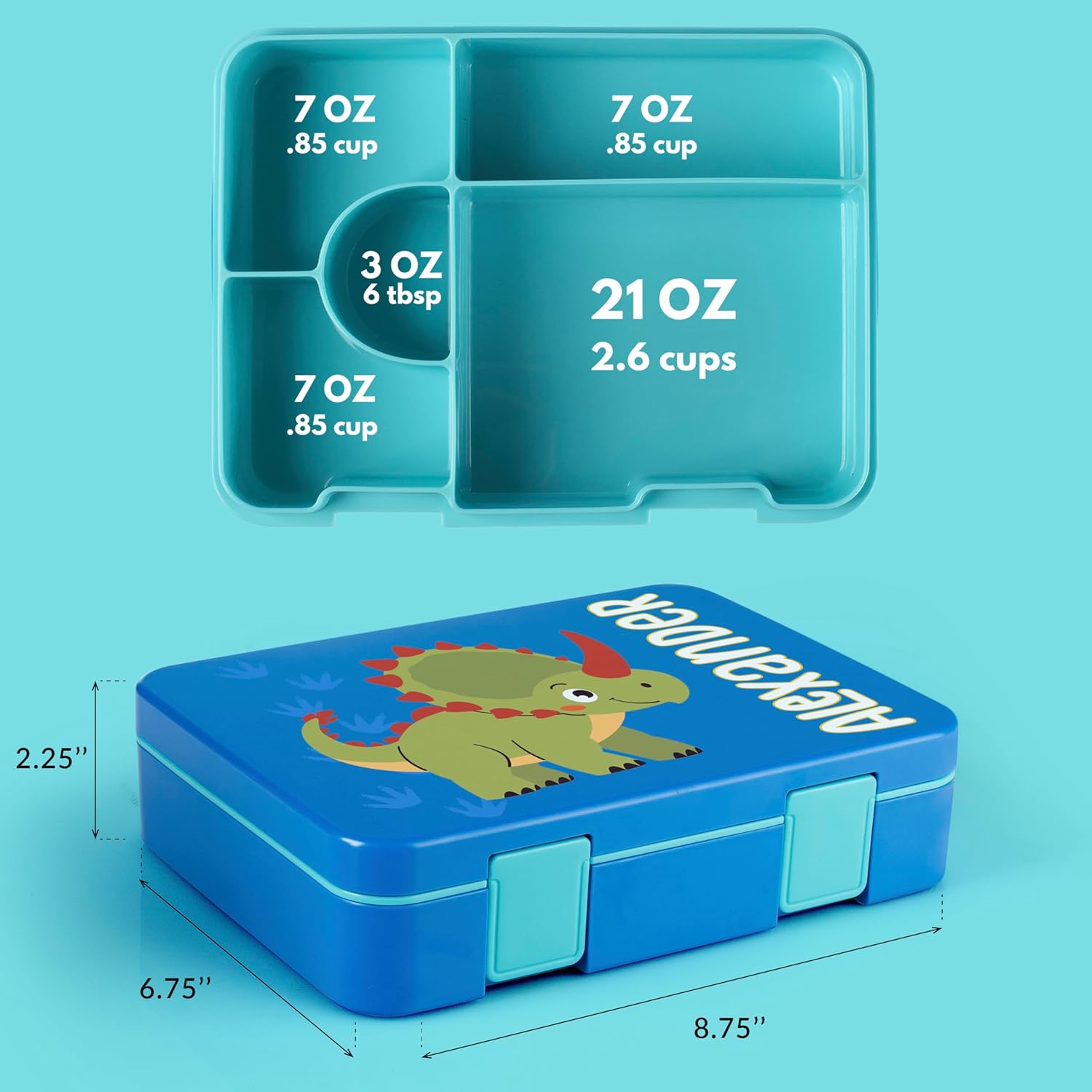 Personalized Bento Box for Kids with Dinosaur Theme and Name - Yellow - 5 Compartments Drop-Proof Bento Box, Dishwasher Safe, Made with BPA-Free Materials, Bento Lunch Box for Kids and Toddlers