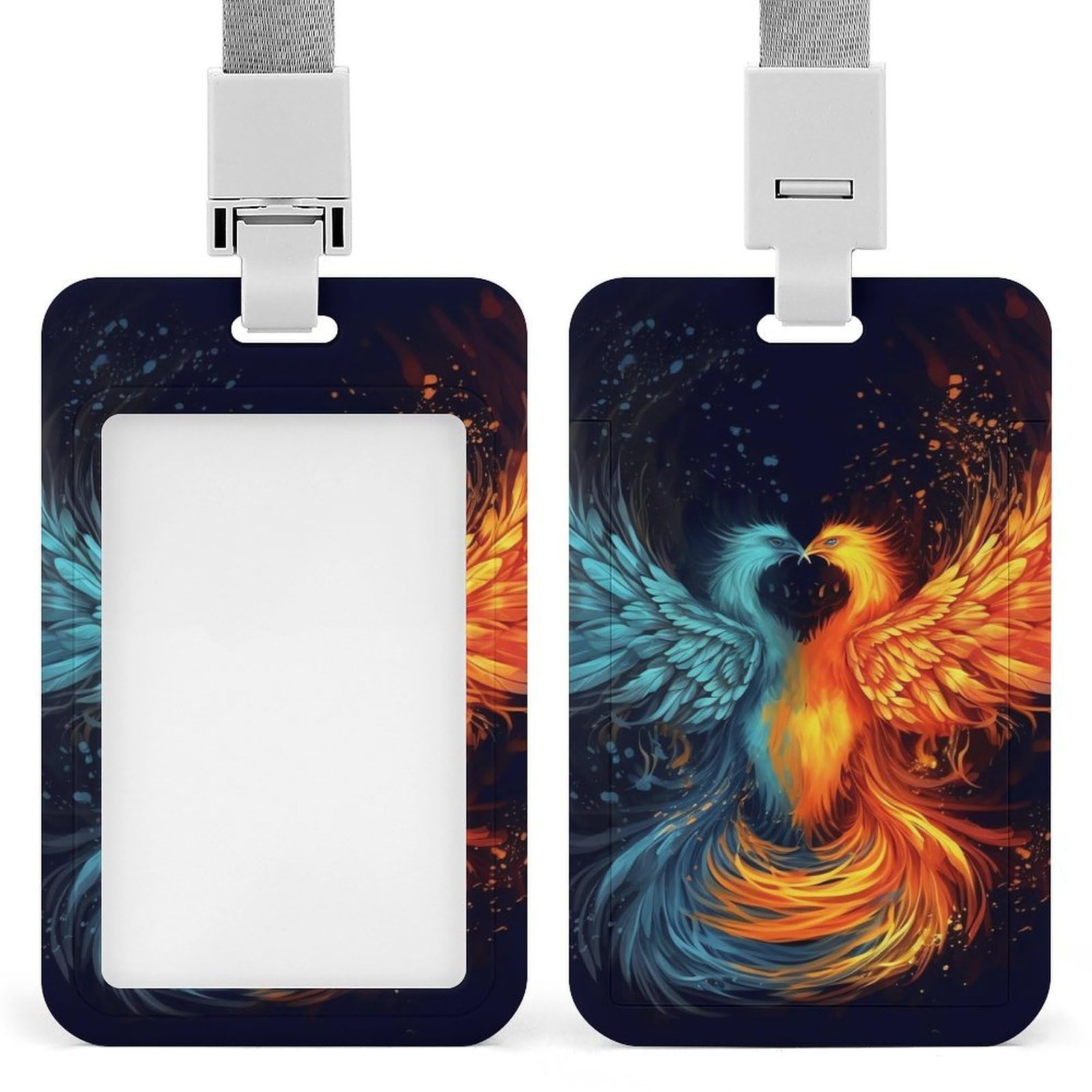 ID Card Holders for Lanyard,Fire and Water Phoenix Printed Badge Holder with Clear Window,Plastic Vertical Bus Pass Holders for Work Teacher Nurse Employees Proximity Key Cards Women Men — image 1