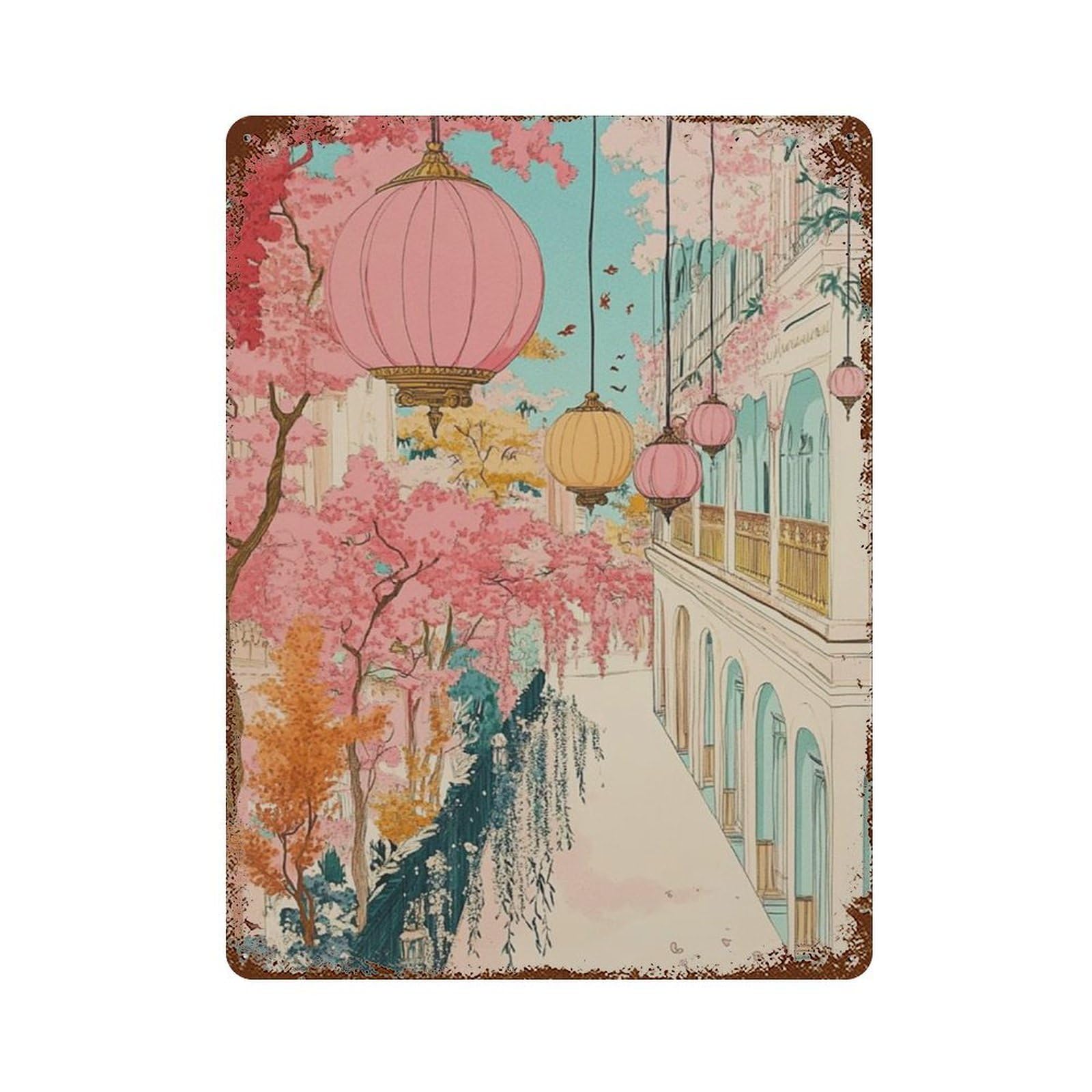 xiaoxiaoshen Asian Garden Lantern Cherry Blossom Street Oriental Architecture Scene Pastel Tr Wall Decor Art Metal Tin Poster Modern Home Decor Art Home Bar Shop Decorations Vintage Sign 40x30cm