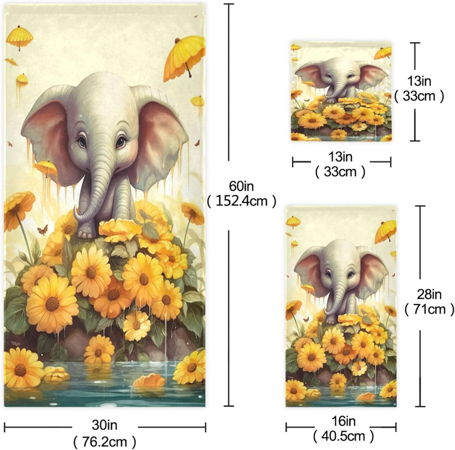 Elephant Sunflower Animal Towels Set 3-Piece Set of 3 Towels, 1 Bath Towel+1 Hand Towel+1 Washcloth, Multipurpose for Bathroom Hotel Gym Spa and Beach S0404347