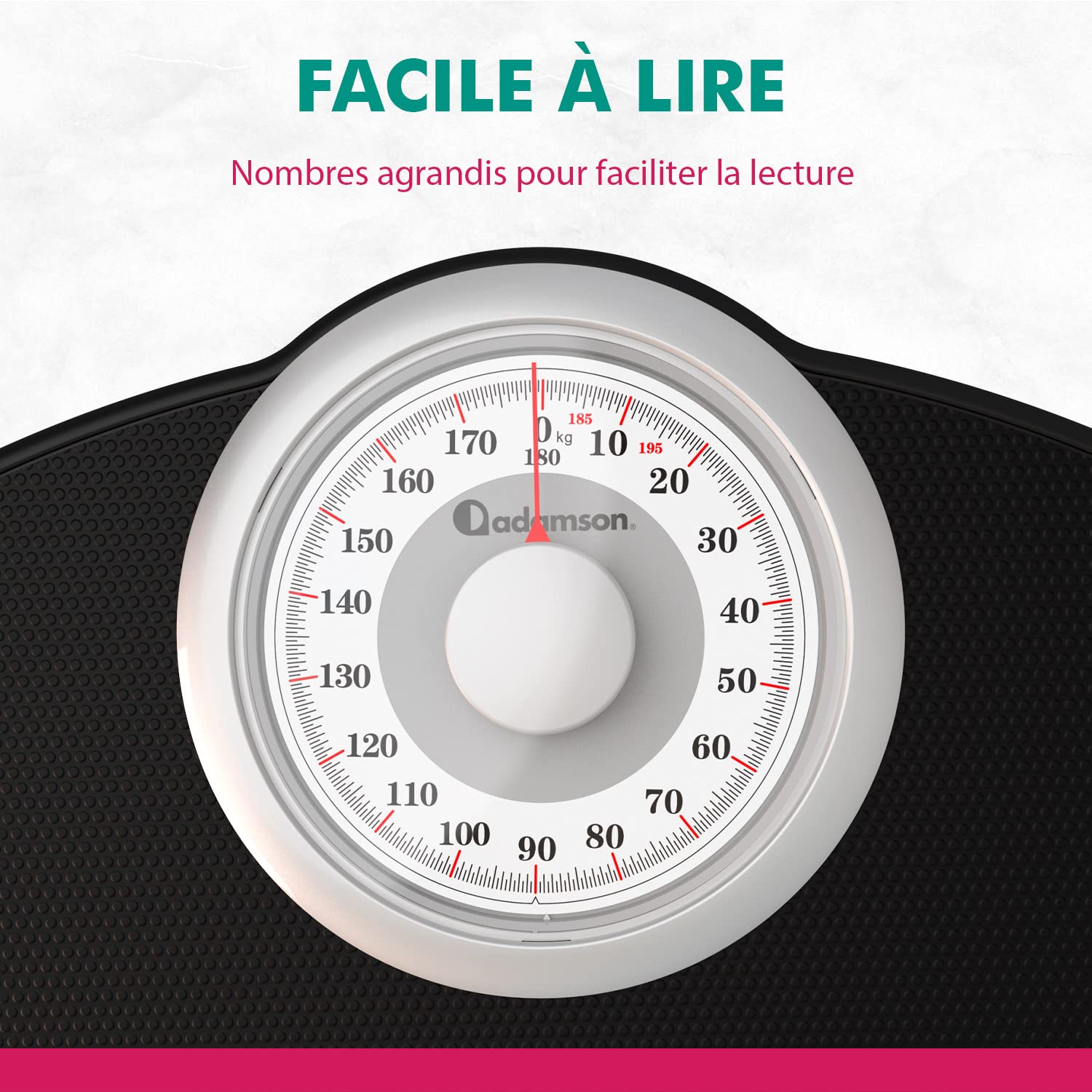 Adamson A25W Balance Pèse Personne Analogique - Nouveauté - Jusqu'à 180kg, Surface Antidérapante, Chiffres Extra Larges, Pèse Personne Mécanique, Garanti 20 Ans - Chambre et Salle de bain