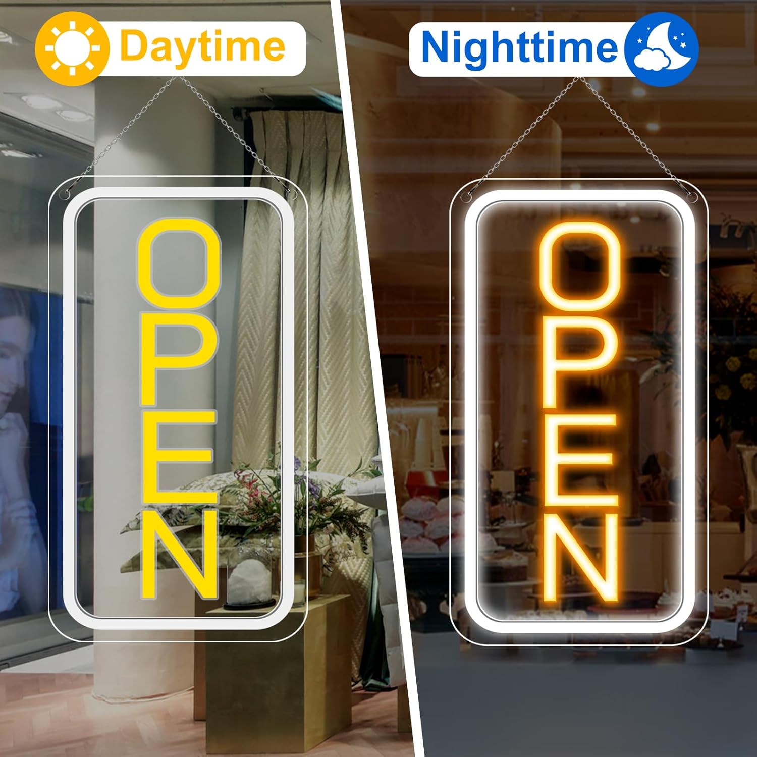 inShareplus 16"x 9" Super Bright Open Sign,12V LED Neon Open Signs for Business for Window, with ON/OFF Switch, Electric Light up Signs for Stores, Restaurants Retail Shops (Yellow-White-Vertical) - Image 5