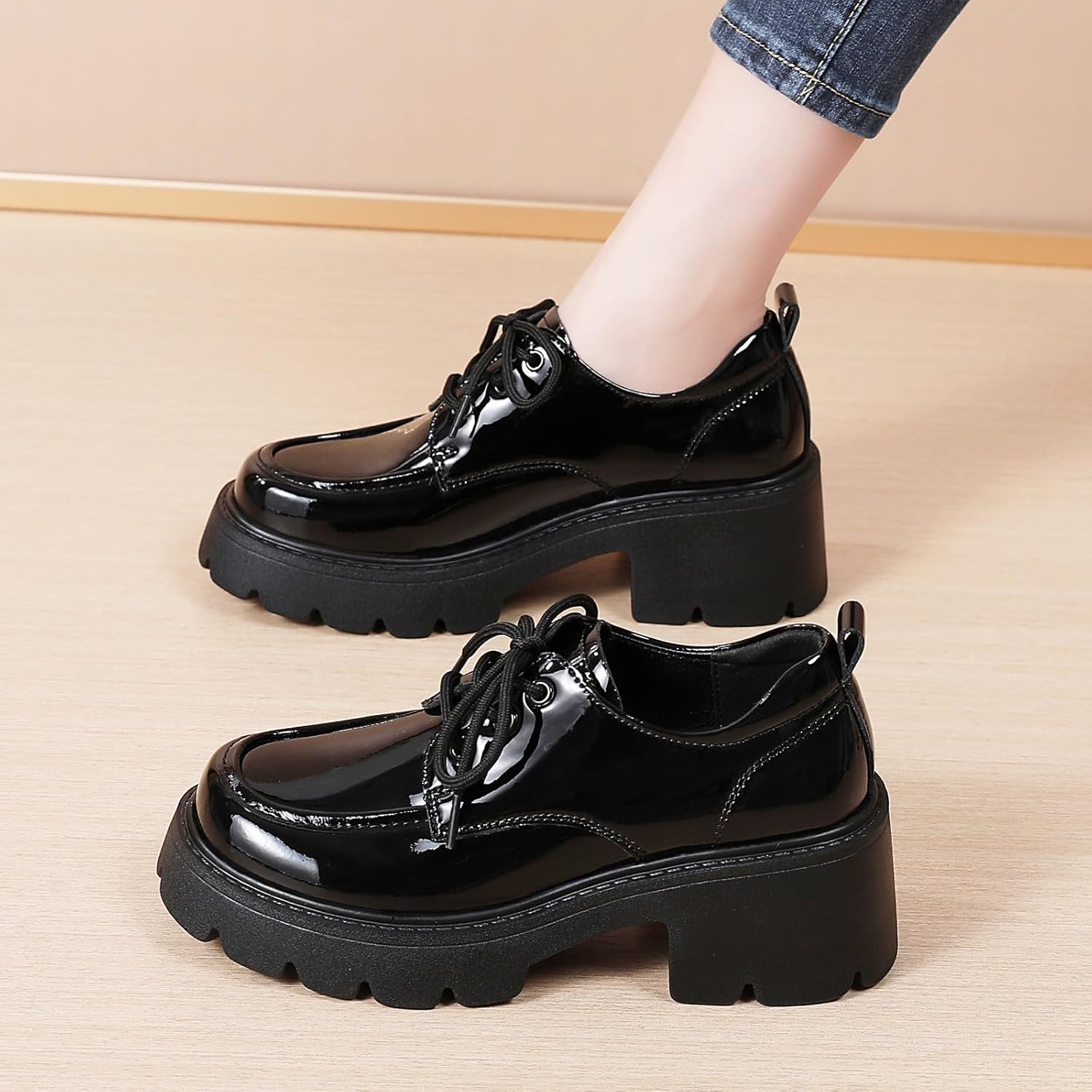 Platform Oxford Shoes for Women Women's Oxfords Lace-Up Chunky Heel Lightweight Oxford Heels Fashion Business Casual Shoes Comfortable Dressy Shoes Office Work Pumps Shoes for Womens Ladies - Image 9