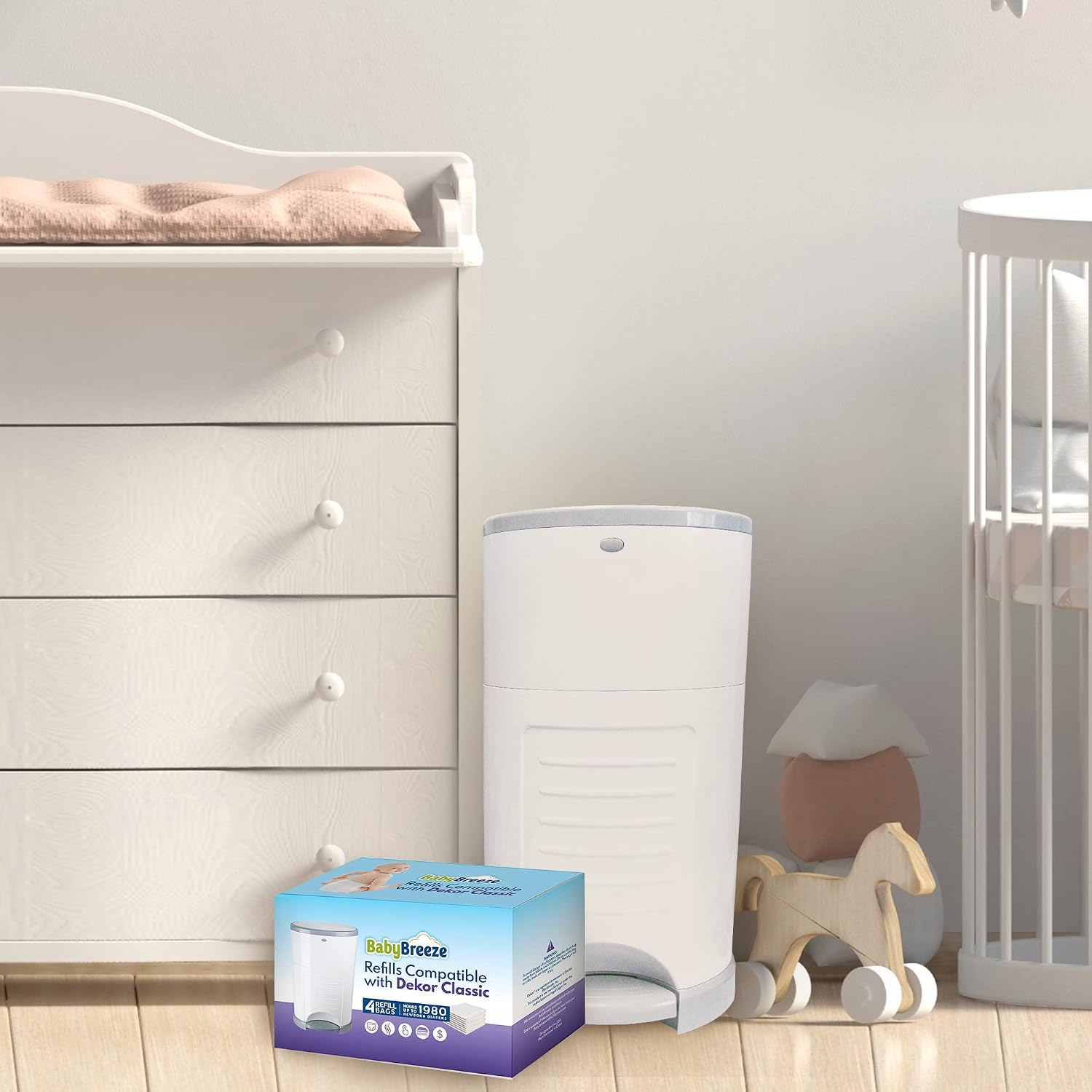 BabyBreeze Diaper Pail Refills Compatible with Dekor Classic – 4 Pack Continuous Refill Bags – Powder Scent Odor Control – Leak Resistant Diaper Disposal Liners – Holds Up to 1980 Diapers