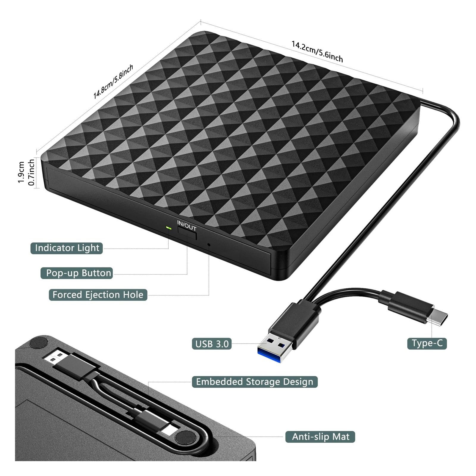 Lettore Dvd Masterizzatore Dvd RW Esterno Masterizzatore CD unità Ottica Dvd Portatile Sottile USB 3.0 Lettore CD-Rom 24X Lettore CD-R 24X(Black)