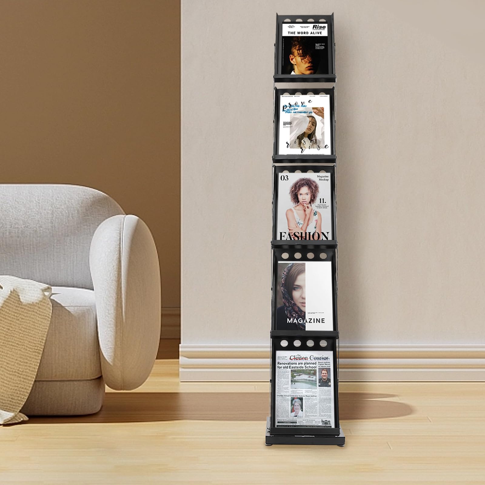Portariviste pieghevole in ferro | 5 piani A4 (40 × 27 × 160 cm) | Supporto portatile per volantini e dischi in vinile | per uffici, biblioteche e negozi