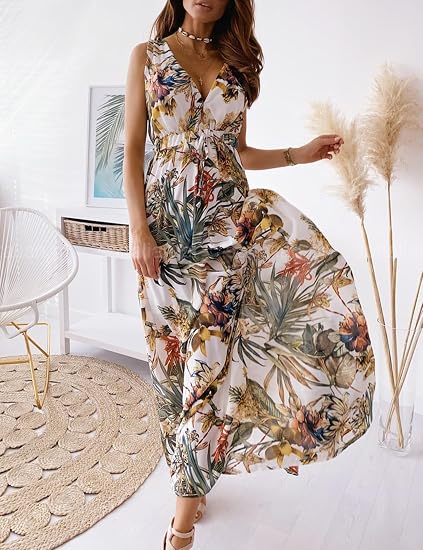 Romose Women's Boho Summer Dress - V-Neck Floral Mini Dress With 3/4 Sleeves, Loose A-Line Fit, Green