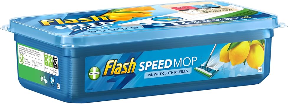 Flash 317765-1 Speedmop Wet Cloths Lemon Multi-Surface Refills, 1 x 24 Pack, Cotton
