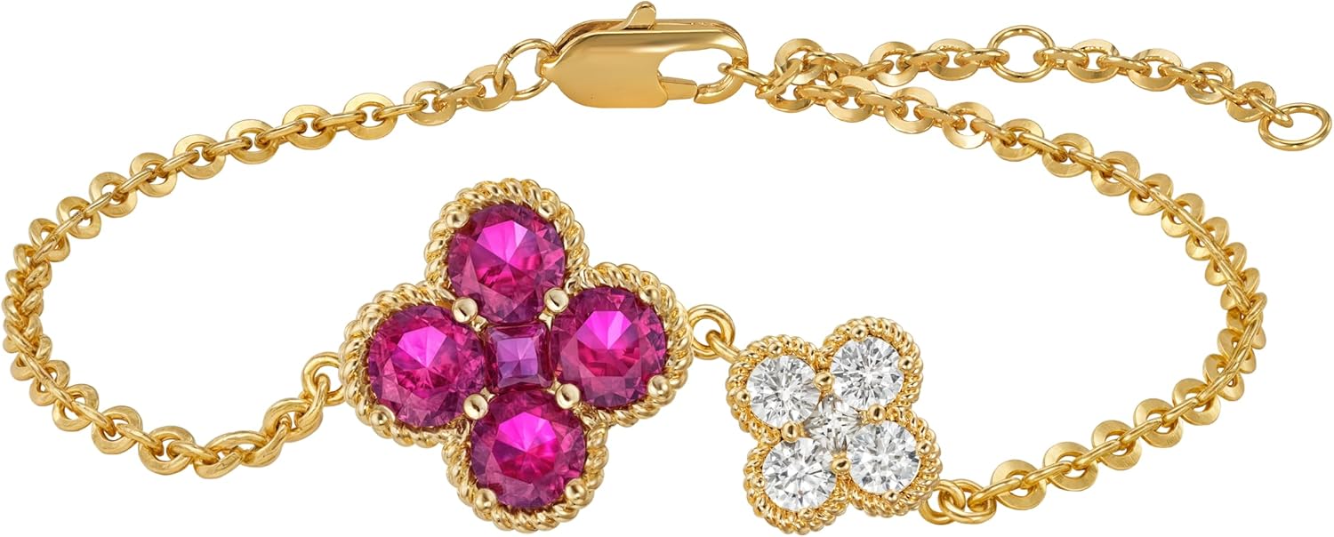 MYEARS Flower Bracelet for Women Gold Sideways Double Four-leaf-clover Link Charm 12 Month Birthstone Cubic Zirconia 14K Simple Dainty Thick Chain Floral Lucky Jewelry Gift