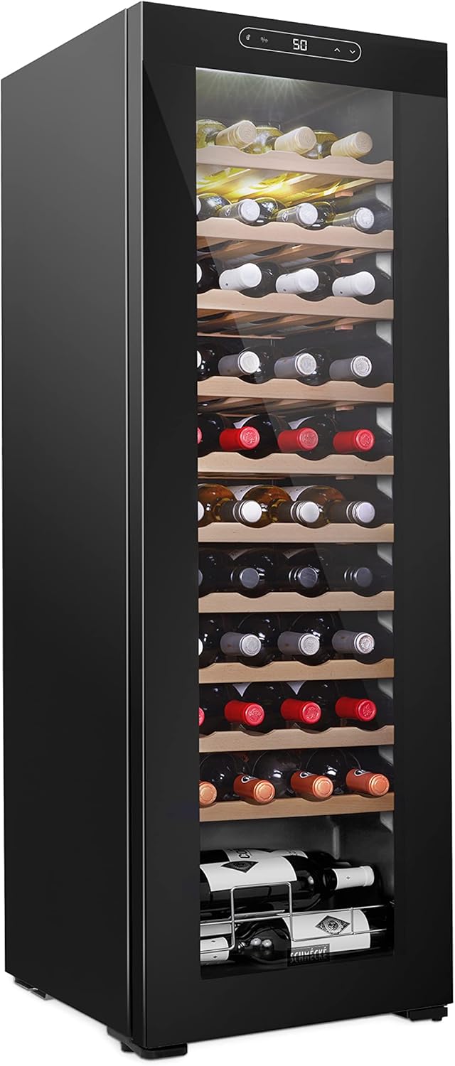 Schmecke 44 Bottle Compressor Wine Cooler Refrigerator | Large Freestanding Wine Cellar | 41f-64f Digital Temperature Control Wine Fridge For Red, White, Champagne or Sparkling Wine - Black