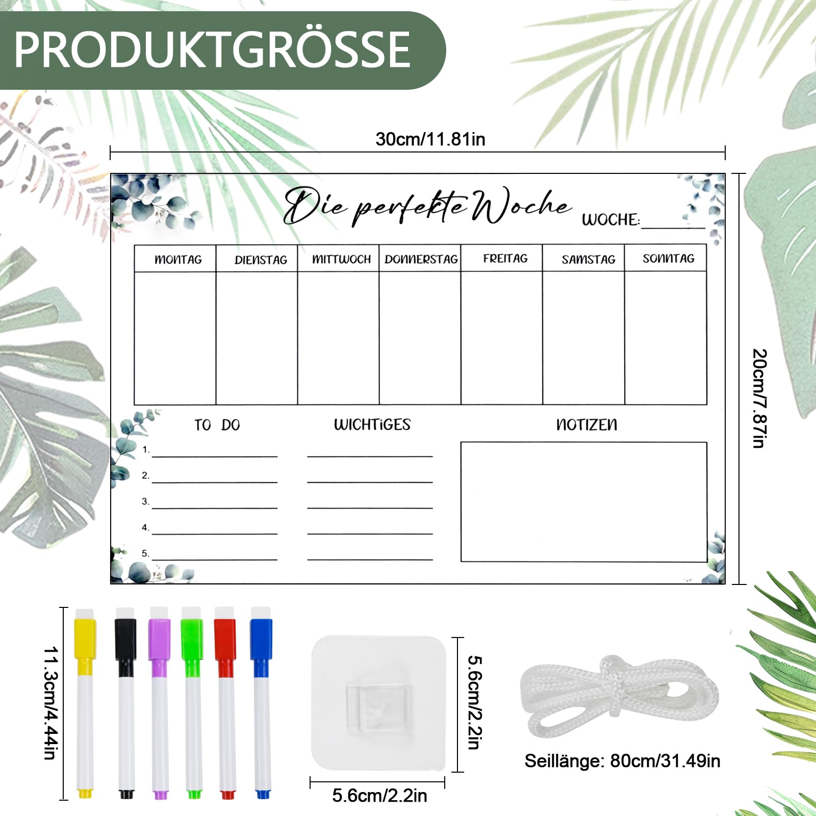 Planer tygodniowy zmywalny – 30 x 20 cm, planer posiłków, z akrylu, do planu domowego, planera rodzinnego, z 6 pisakami do zawieszenia, lista rzeczy do zrobienia w gospodarstwie domowym, w języku