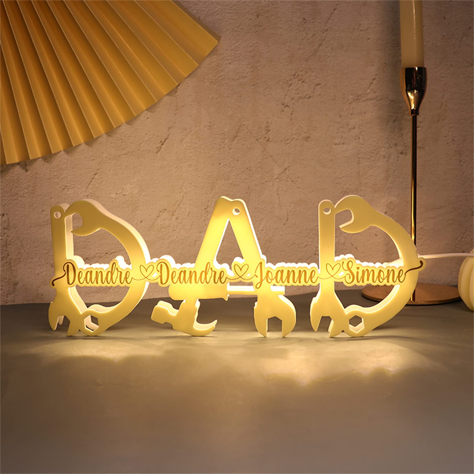 Persinalized 1-9 Names Night Light Dad's Wrench Acrylic Lamp, Gifts Night Light from Daughter Son LED Engraved Night Lamp for Daddy Papa Father Grandpa (DAD Name Night Light - 2)