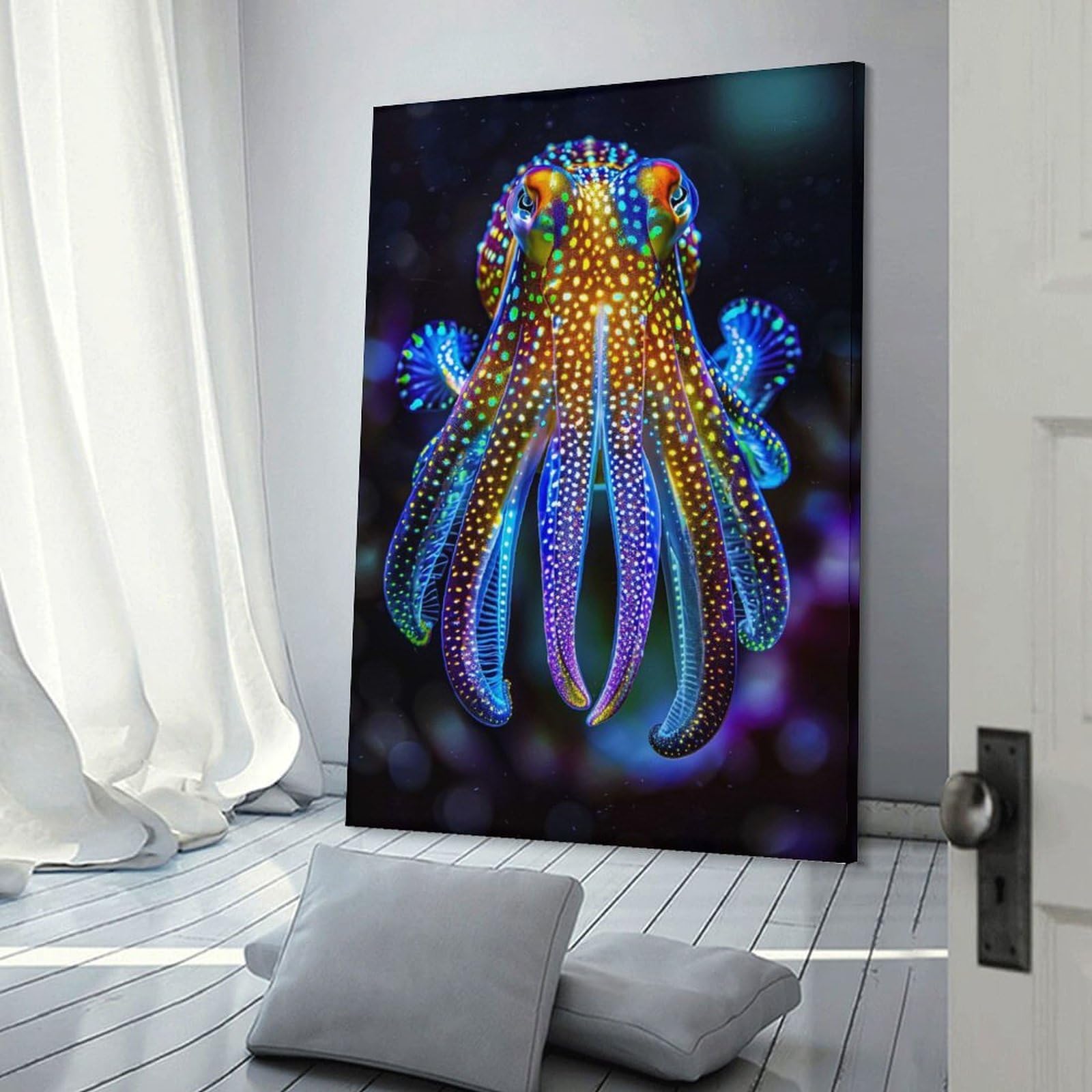 Junmoney Neon Hawaiian Bobtail Squid Canvas Wall Decor, 08x12inch(20x30cm), for Gallery Wall Decor And Room Displays, Wall Decor Suited to Curated Displays
