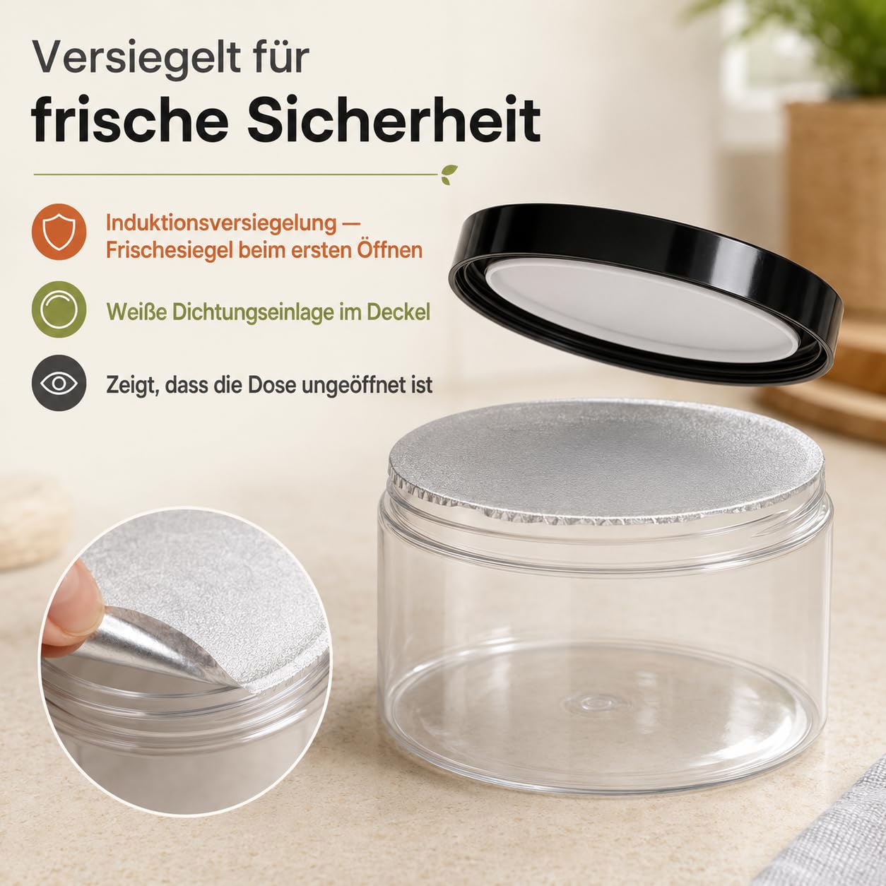 POSH Barattoli ermetici, 150 x 300 ml, in PET per uso alimentare, con coperchio a vite nero, contenitori in plastica trasparente con coperchio per spezie, mini barattolo in plastica
