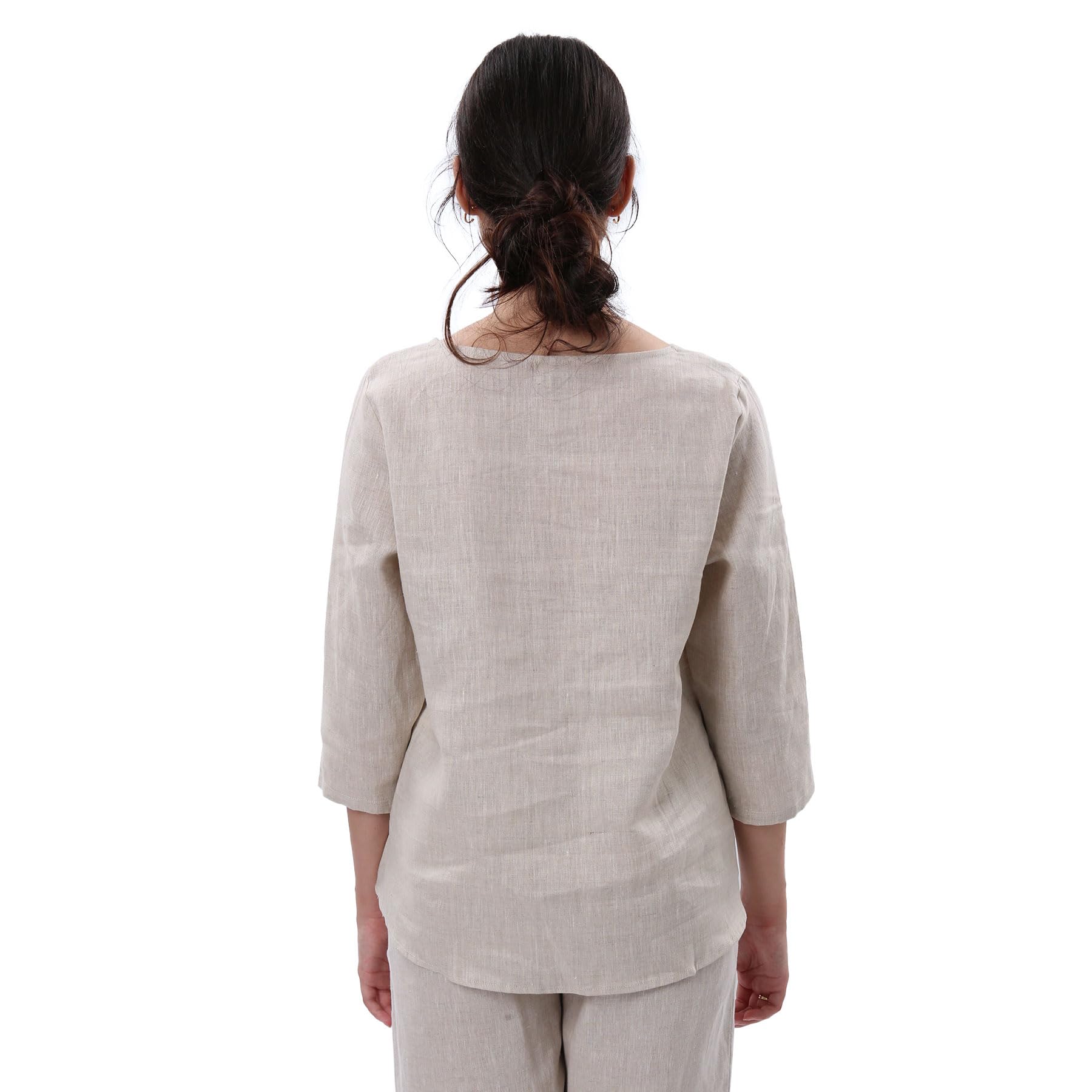 Blusa de lino de manga 3/4 para mujer, cuello redondo, estilo casual, holgada