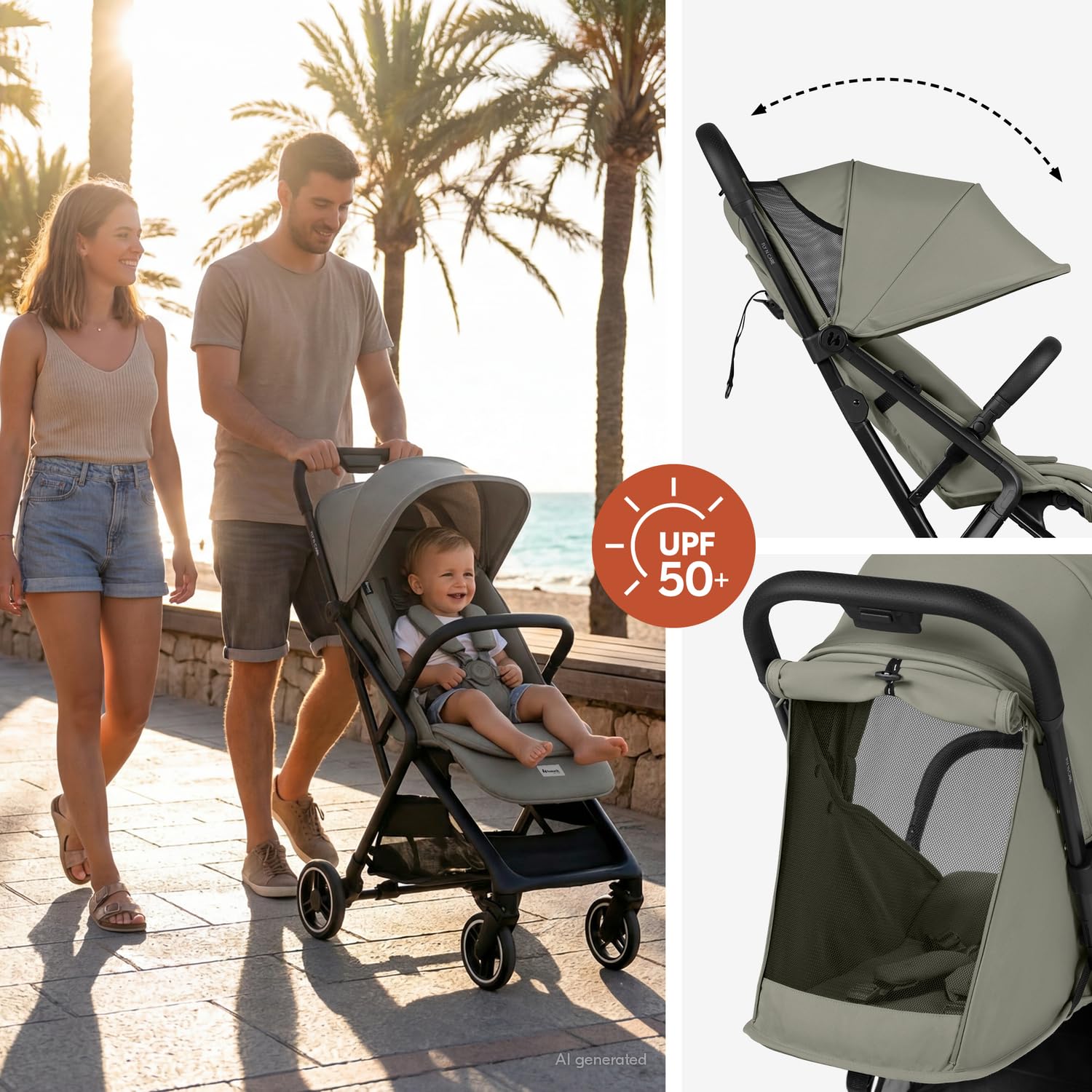 hauck Fly N Care Poussette Canne Ultra Compacte et Légère, Poussette Voyage Pliable Une Main, Position Allongée dès Naissance jusqu'à 22 kg, UV 50+, Adaptateurs Cosy, Sac de Transport - Vert Sauge