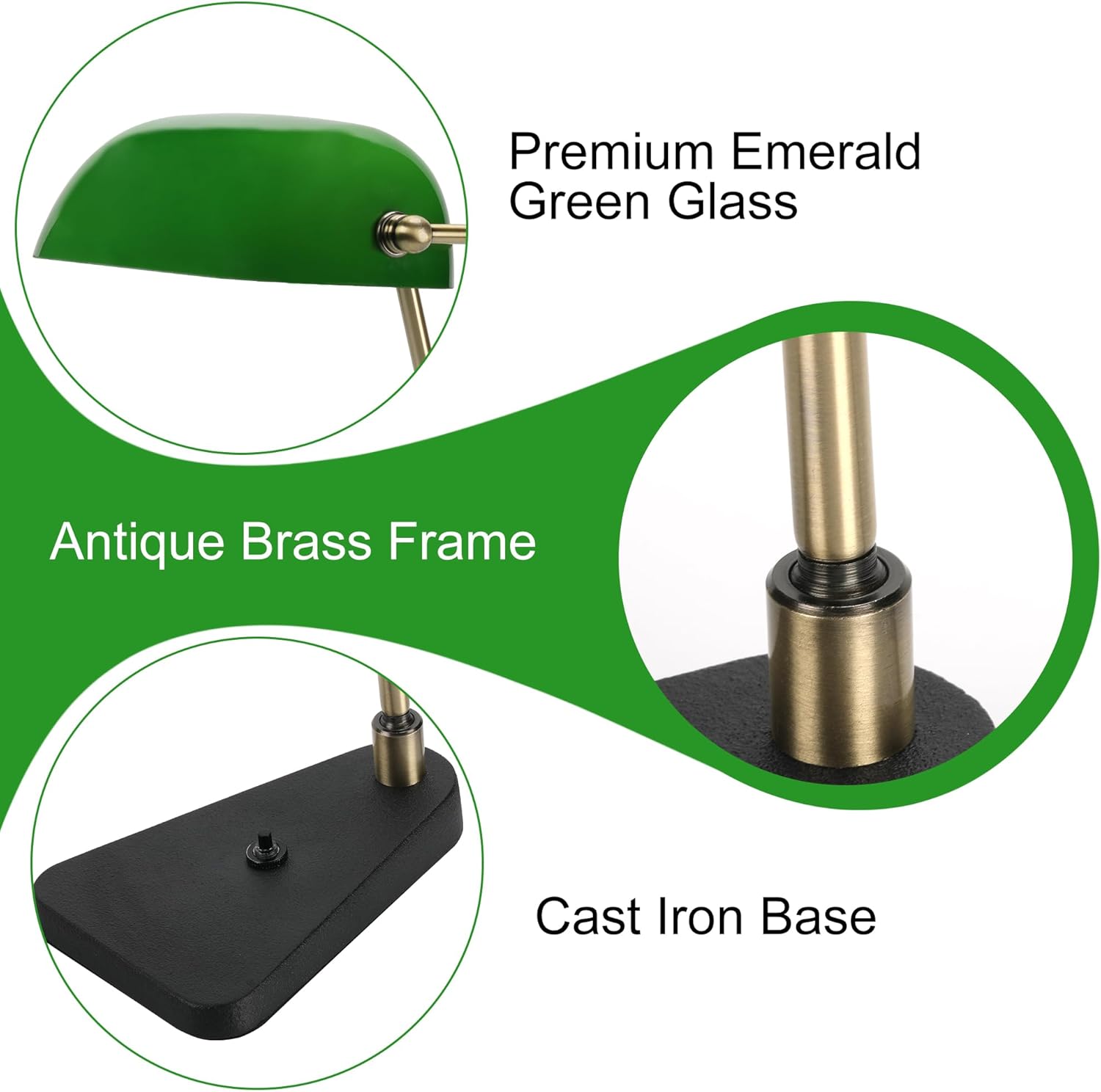 Green Bankers Desk Lamp - Push Button Switch, 2.9Ib Heavy Duty Cast Iron Base, 30° Swivel Head, Antique Brass Frame & Black Base for Home Office Decor (Black+Green)