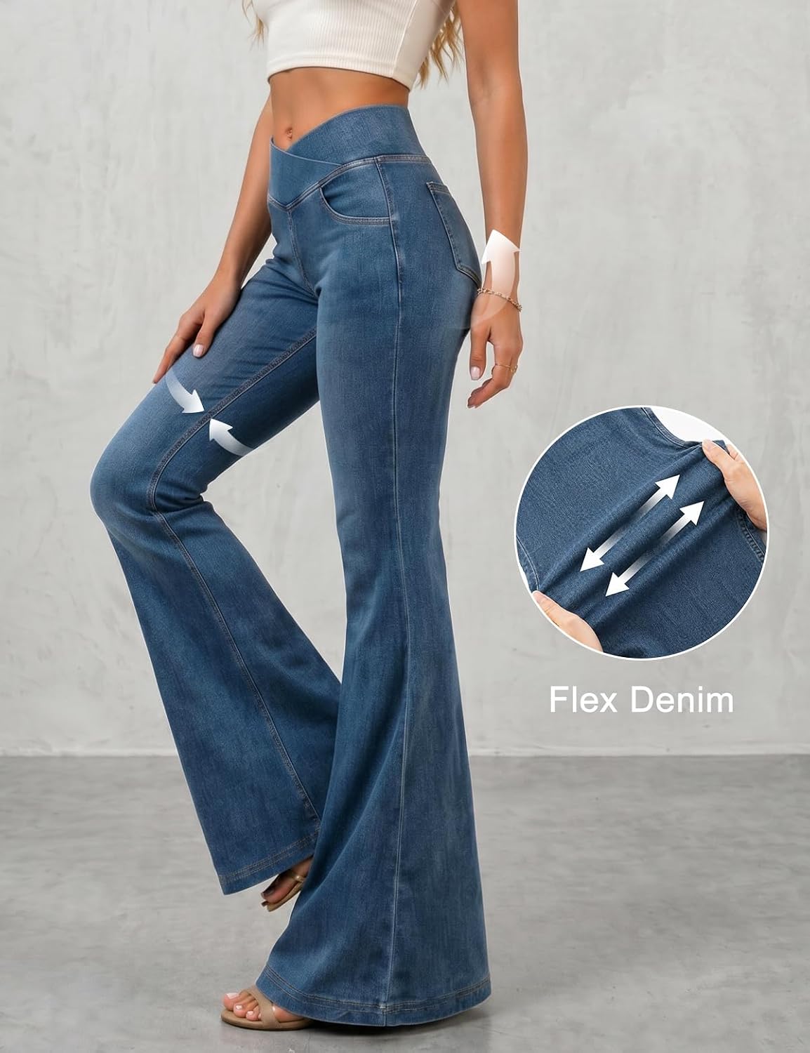 Flare Jeans Women Stretchy Flex Denim Bell Bottom Pull On Elastic Waist V Cross Bootcut Yoga Pants with Pockets