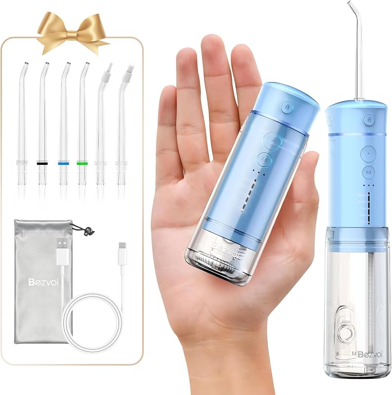 Mini Portable Water Flosser for Travel, 5 Modes Dental Floss, 6 Tips | Telescopic Water Tank, Built-in Tip Storage, USB-C Rechargeable, IPX7 Oral Irrigator for Braces, Sensitive Gums, Sky Blue