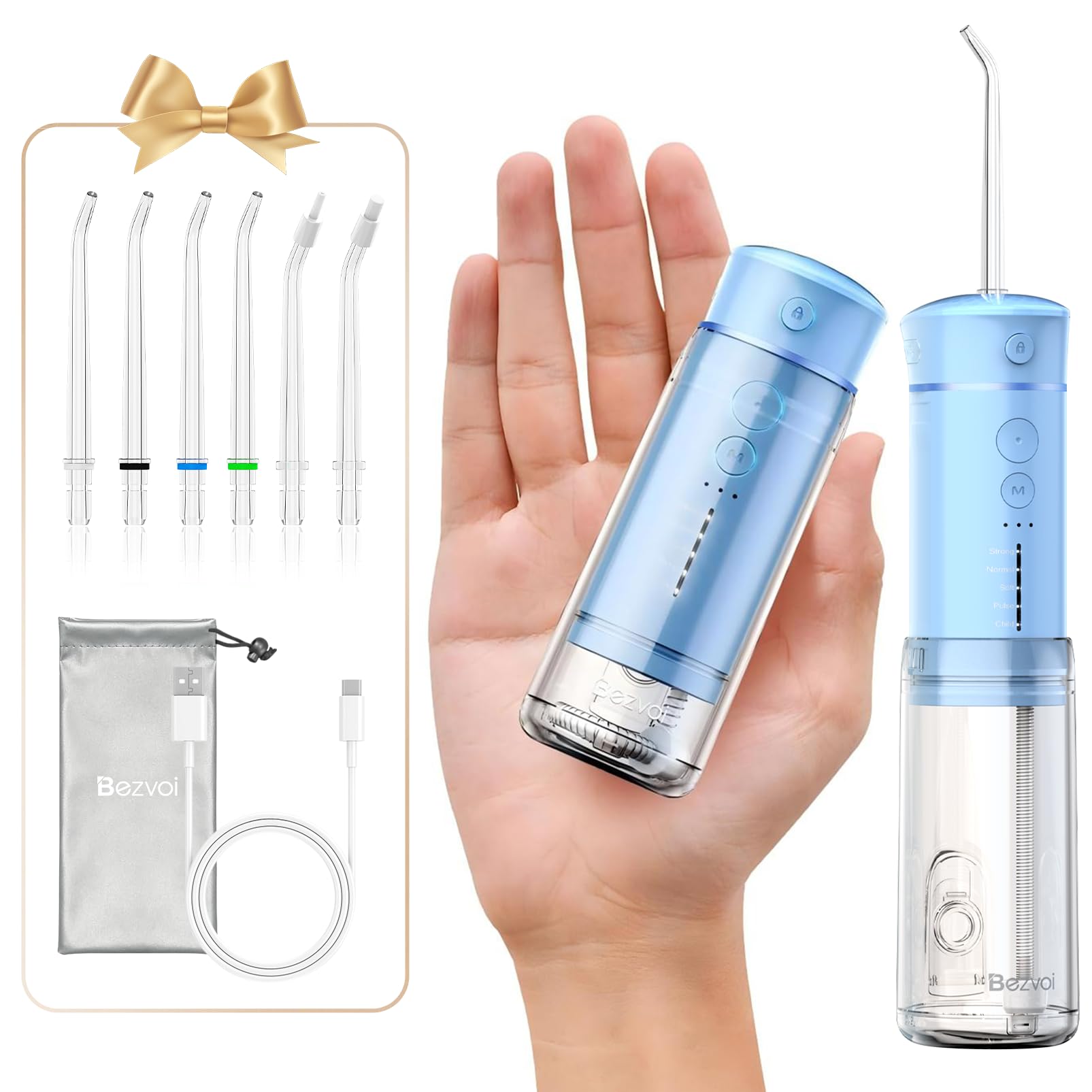 Bezvoi Mini Portable Water Flosser for Travel, 5 Modes Dental Floss, 6 Tips